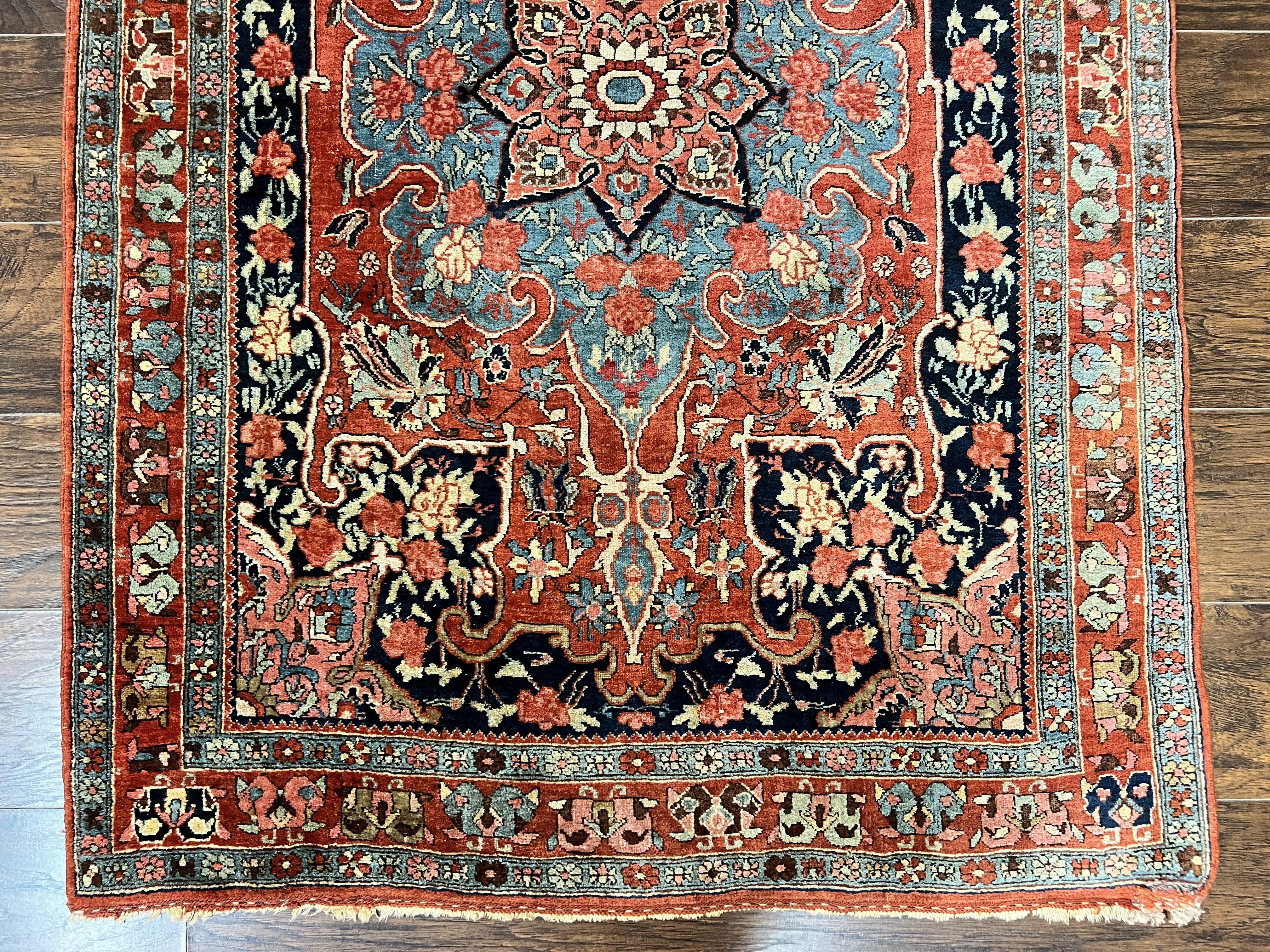 Antique Persian Bidjar Rug 4x5, Red and Blue, Hand Knotted Wool Carpet