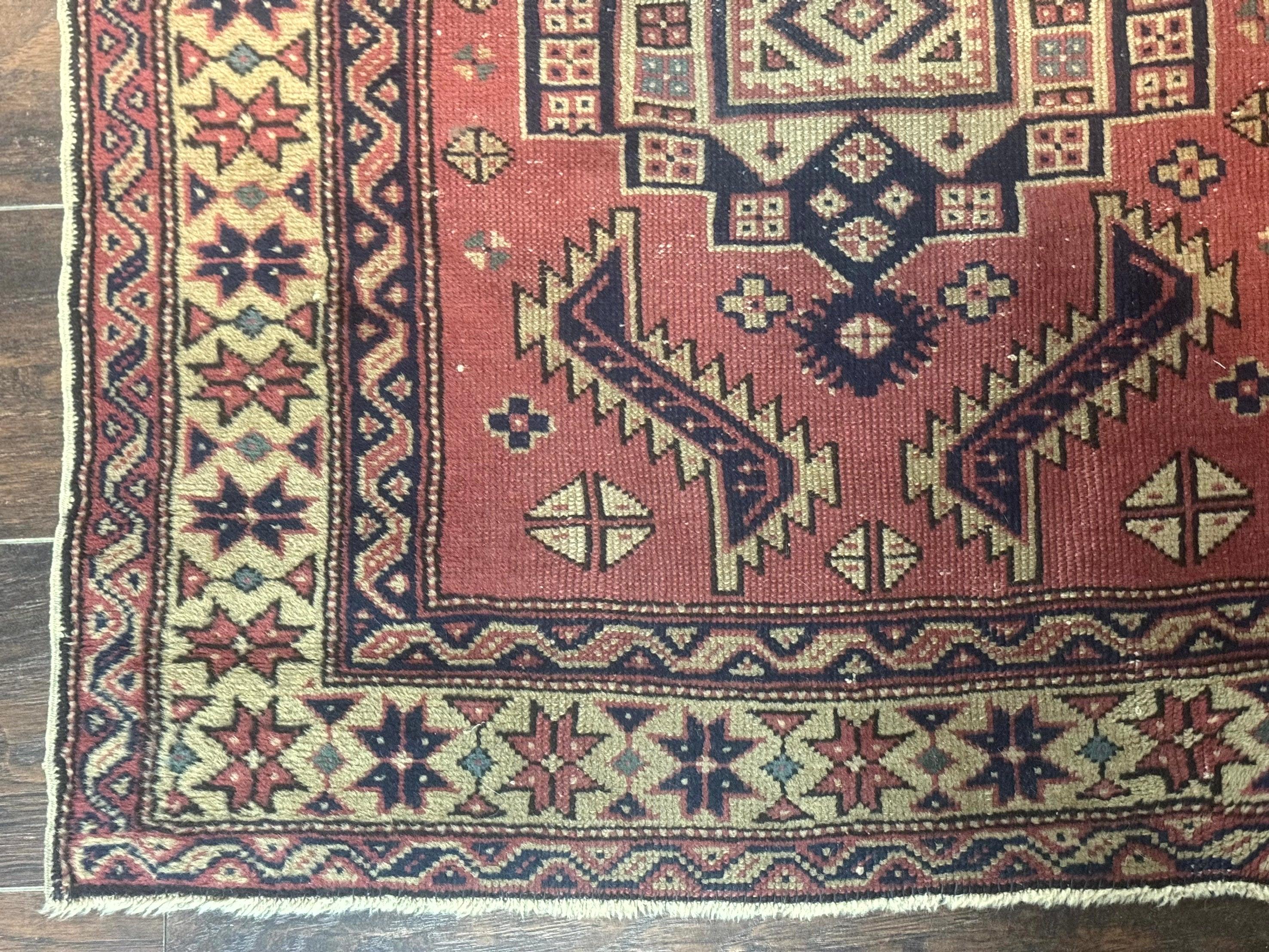 Antique Turkish Sparta Rug 3x6, Geometric Caucasian Kazak Pattern, Handmade