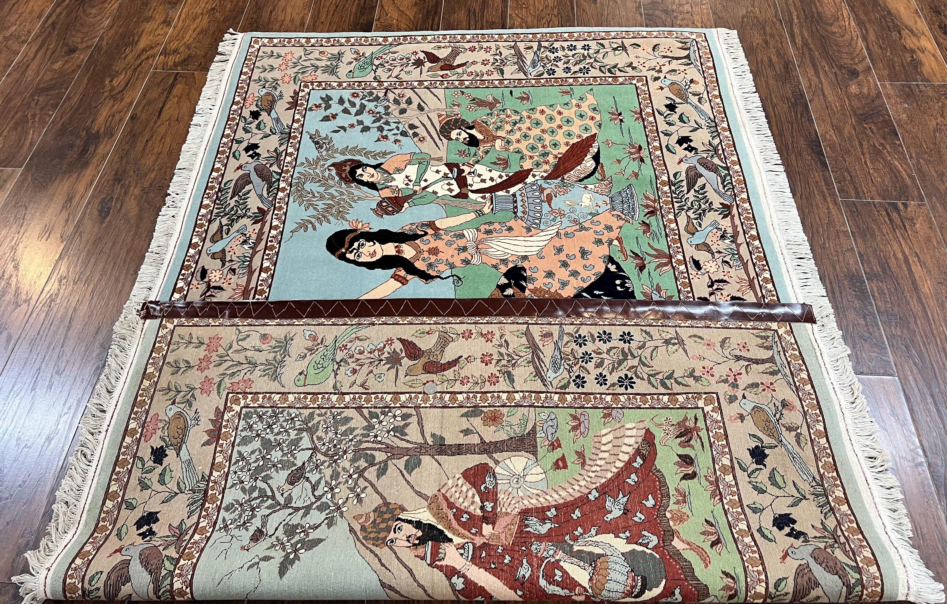 Indo Persian Pictorial Rug 4x7, Handmade Hand Knotted Wool Semi Antique Horizontal Carpet, Men & Women Drinking, Fine Rug, Bird Pictorials