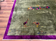 Antique Chinese Nichols Rug 9x12 - Rare Green and Purple Art Deco Carpet