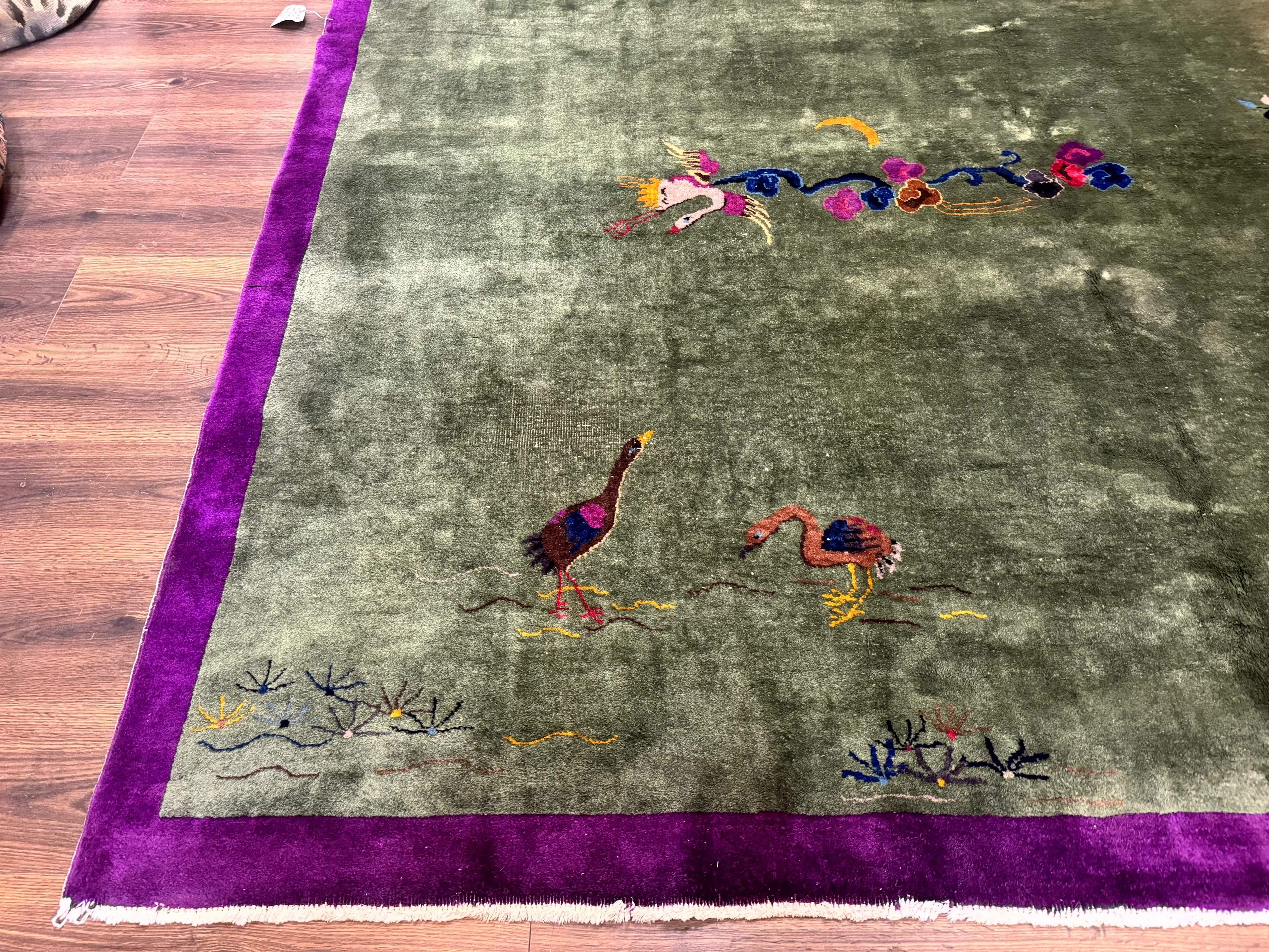 Antique Chinese Nichols Rug 9x12 - Rare Green and Purple Art Deco Carpet