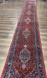 Indo Persian Bidjar Runner Rug 3 x 18.6, Red Navy Blue, Long Runner, Wool Oriental Carpet