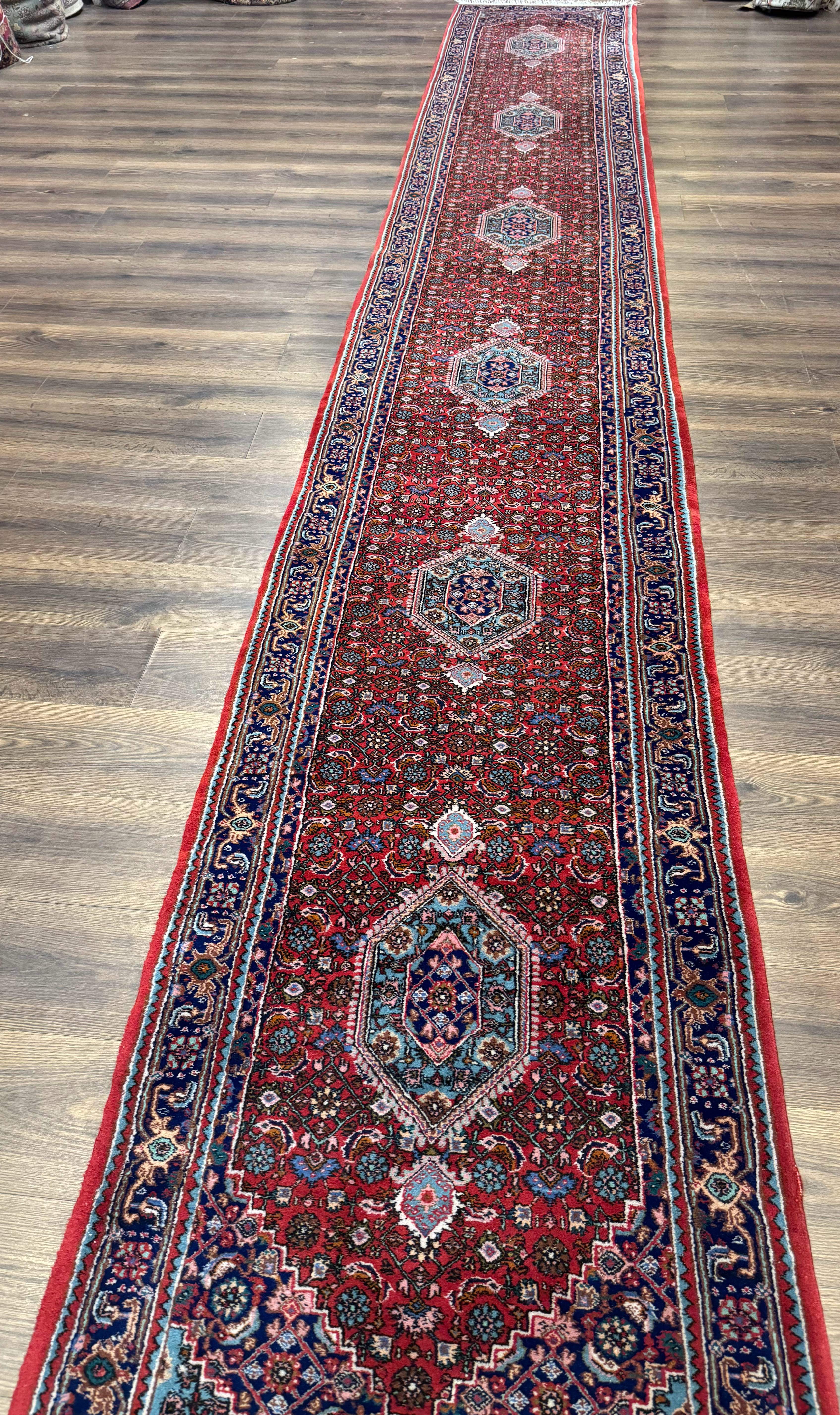 Indo Persian Bidjar Runner Rug 3 x 18.6, Red Navy Blue, Long Runner, Wool Oriental Carpet