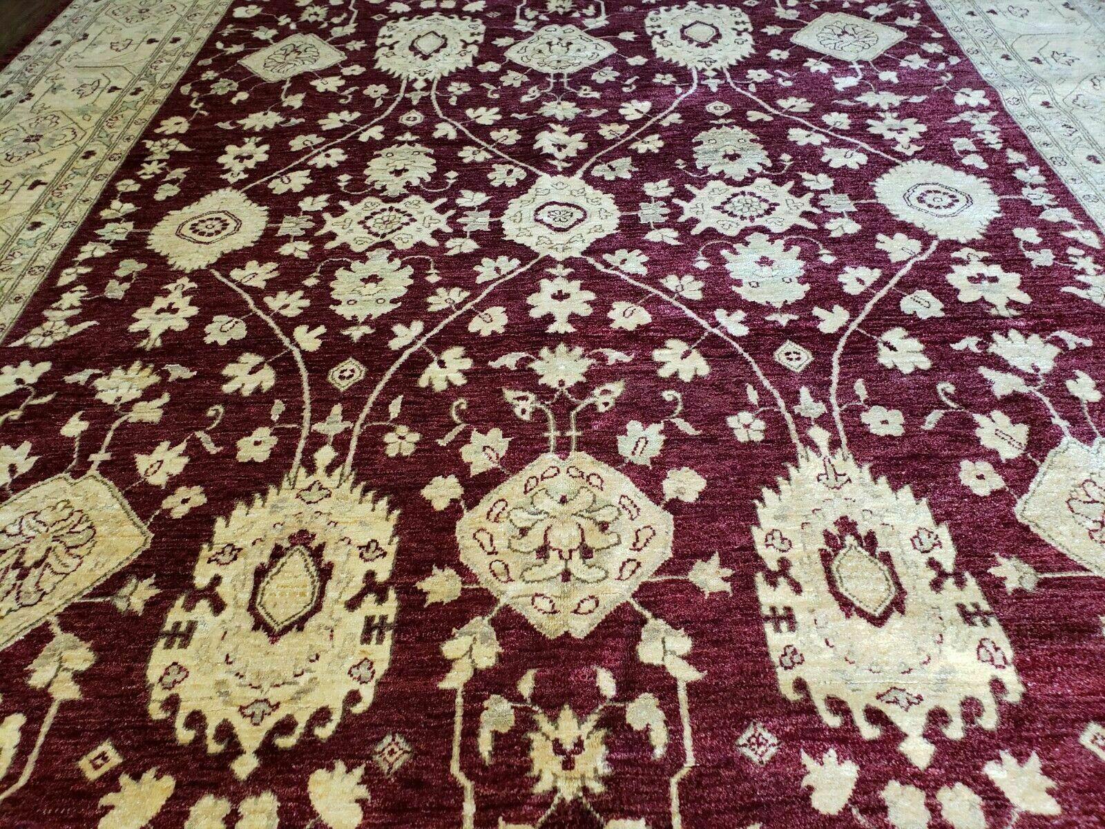 Pakistani Peshawar Rug 10x14, Handmade Chobi Carpet, Maroon & Beige