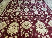 Pakistani Peshawar Rug 10x14, Handmade Chobi Carpet, Maroon & Beige