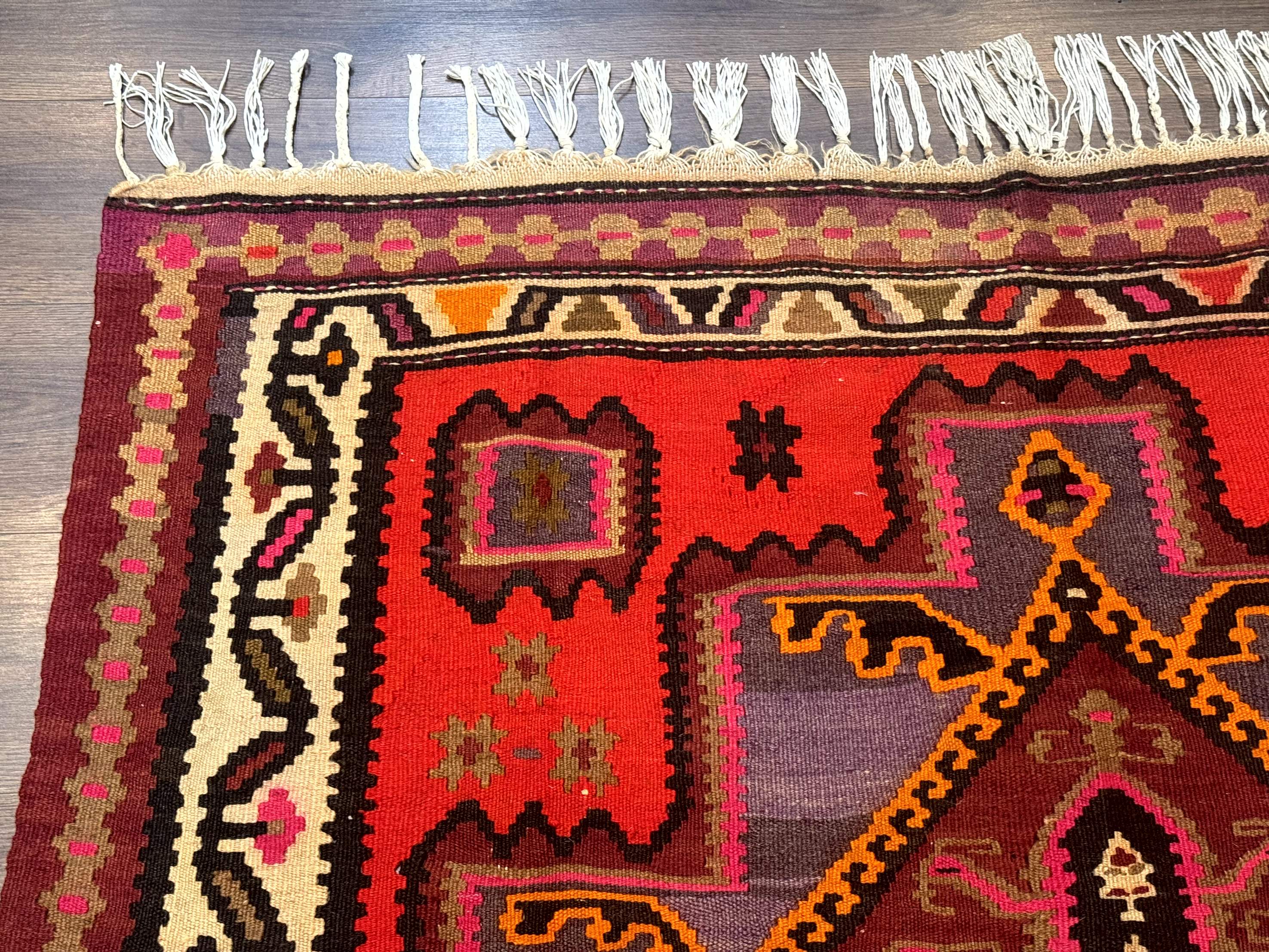 Persian Kurdish Zarand Kilim Rug 5x9, Red, Geometric Medallions, Wide Runner