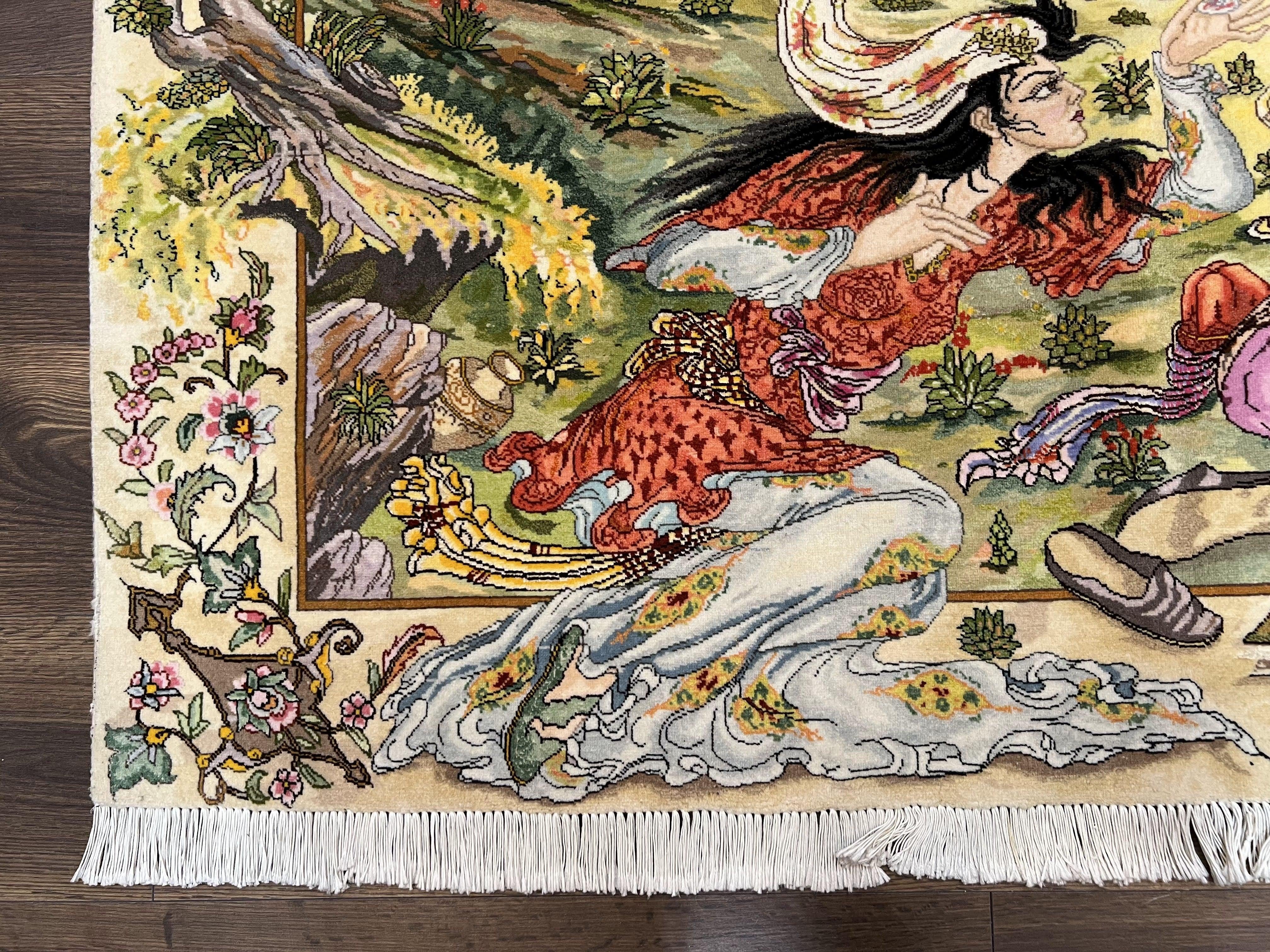 Persian Tabriz Pictorial Rug 5x3, Hafez Poetry In Border, Very Fine Hand Knotted Carpet, Wall Hanging Wool Oriental Carpet 3x5, Highly Detailed