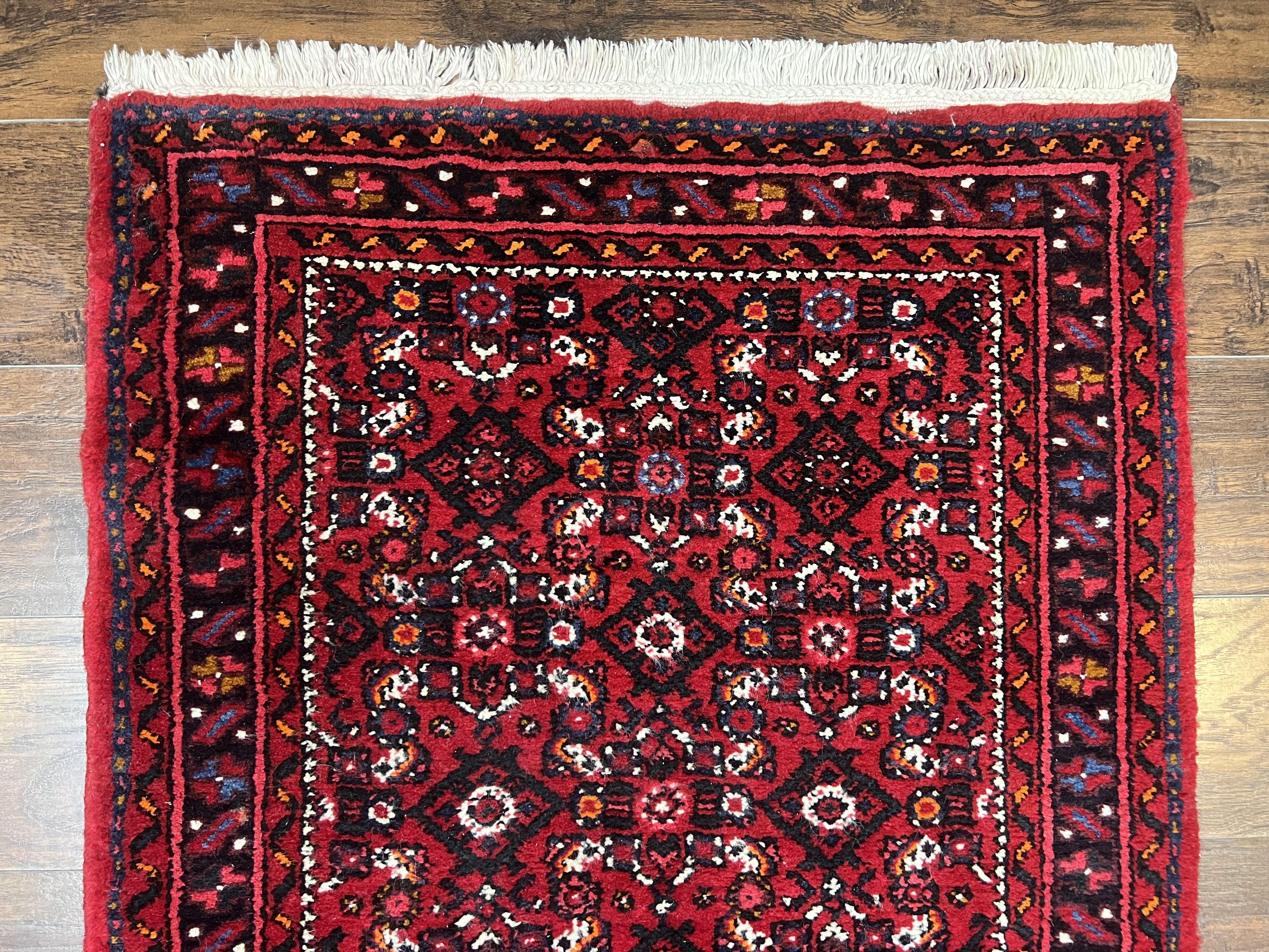 Persian Runner Rug 3 x 16, Wool Handmade Long Antique Hamadan Oriental Rug for Hallway, Red Tribal Rug, Allover Pattern, 3x16 Runner Rug