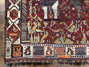 Antique Persian Shiraz Pictorial Rug 3.6 x 5, Persian Tribal Rug, Handmade, Lions, Highly Unique Collectible Small Persian Carpet, Maroon, Wool