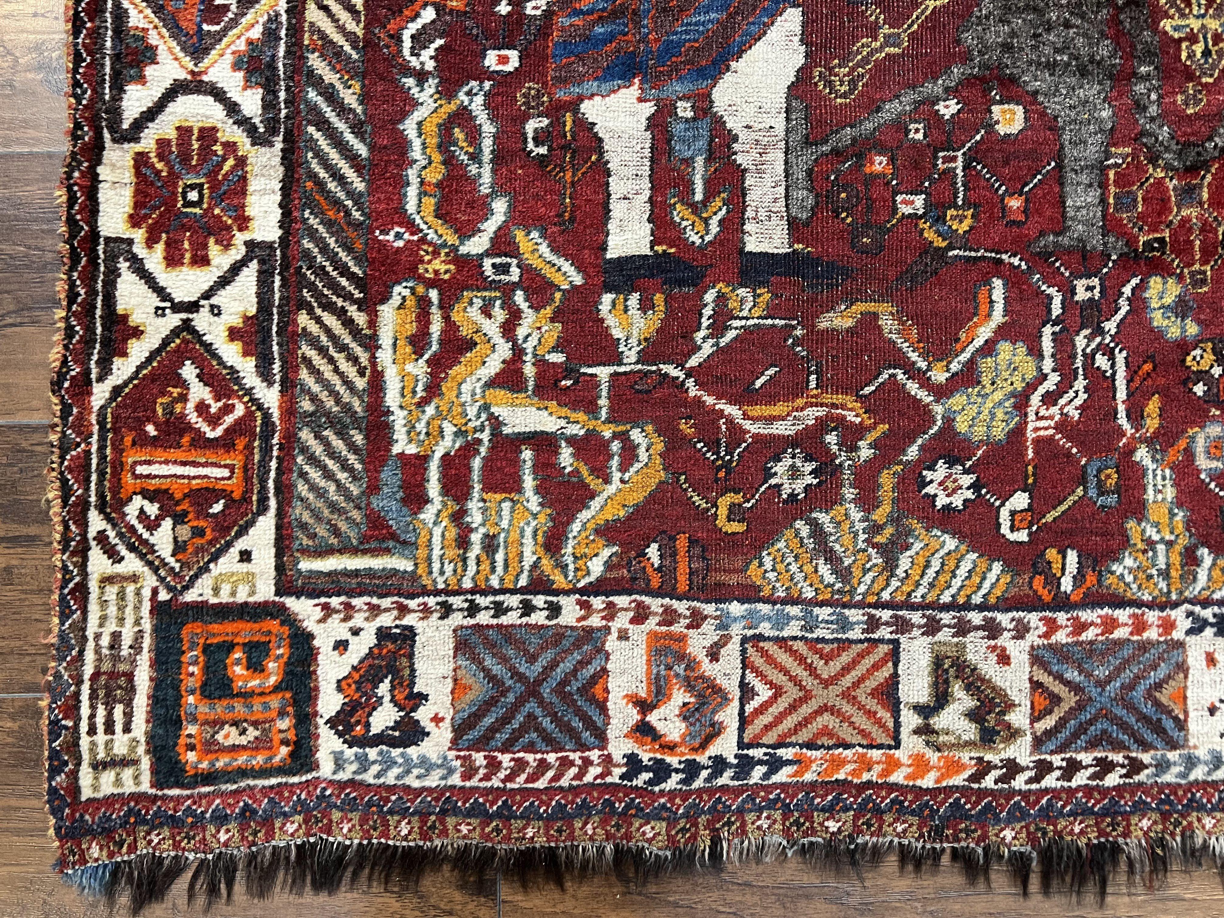 Antique Persian Shiraz Pictorial Rug 3.6 x 5, Persian Tribal Rug, Handmade, Lions, Highly Unique Collectible Small Persian Carpet, Maroon, Wool