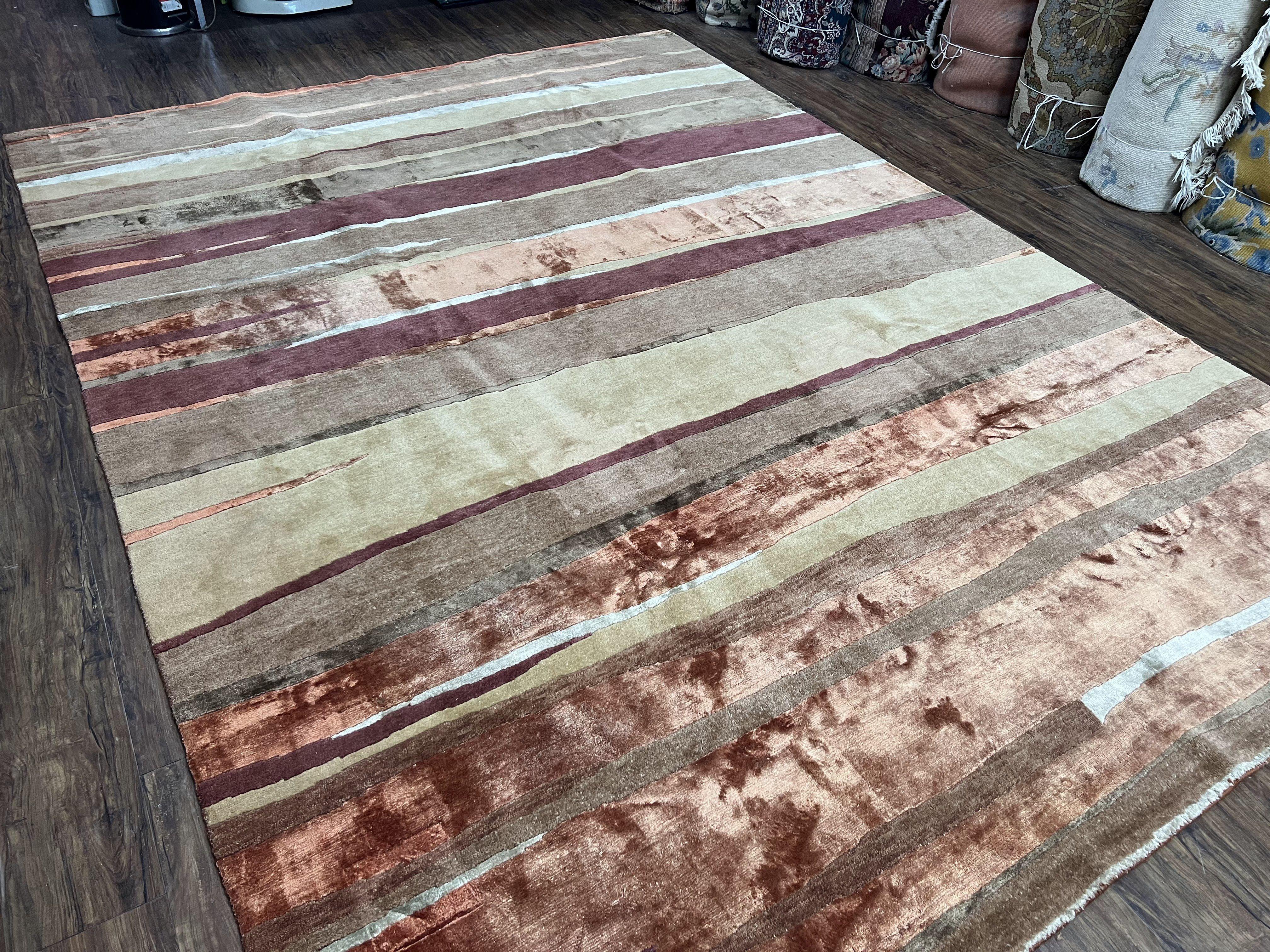 Modern Tibetan Rug 8x11 Nepali Carpet, Shiny Velvely Soft Wool and Silk, Contemporary Hand Knotted Rug, Striped Design, Wool Area Rug 8 x 11