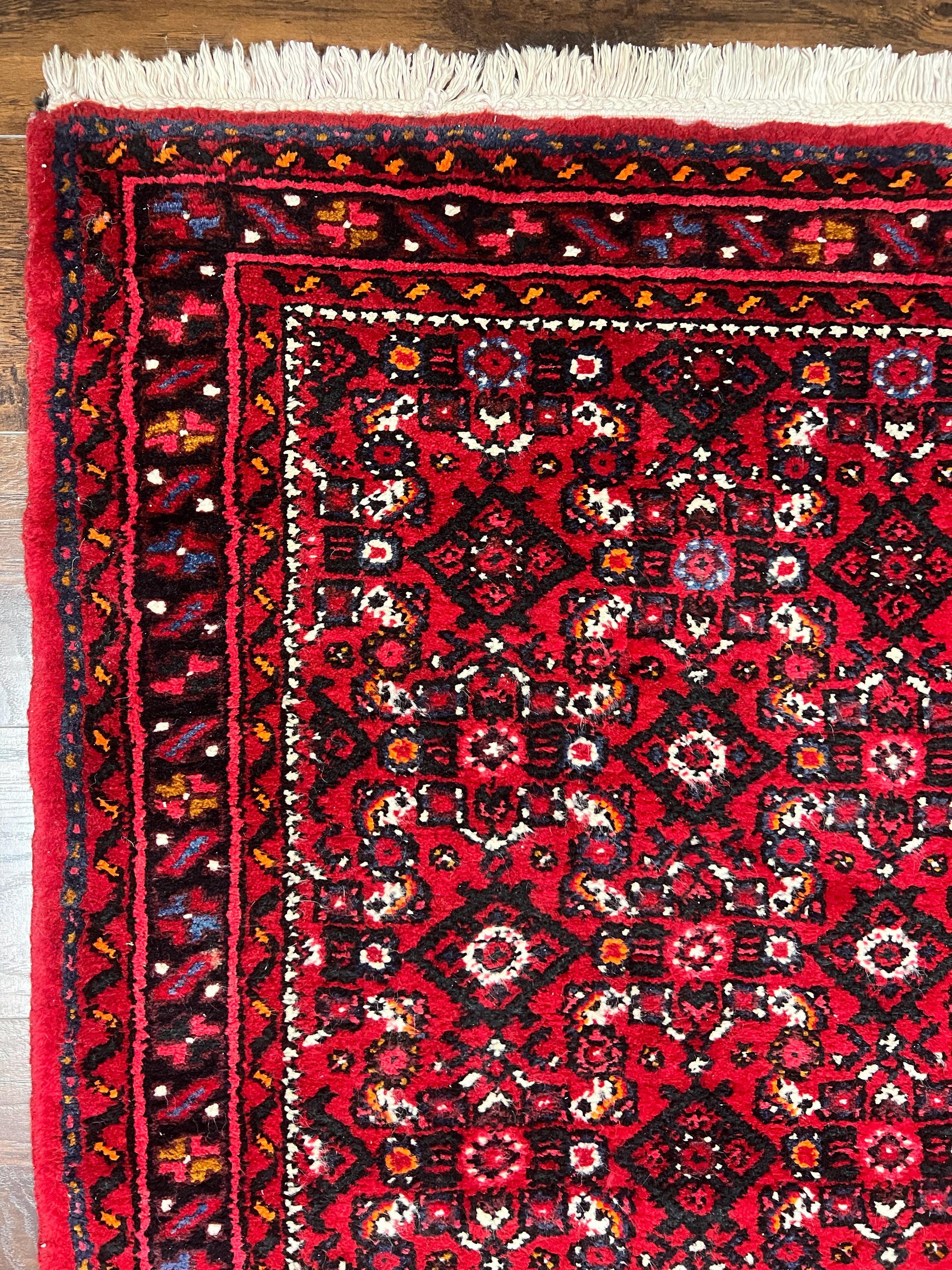 Persian Runner Rug 3 x 16, Wool Handmade Long Antique Hamadan Oriental Rug for Hallway, Red Tribal Rug, Allover Pattern, 3x16 Runner Rug