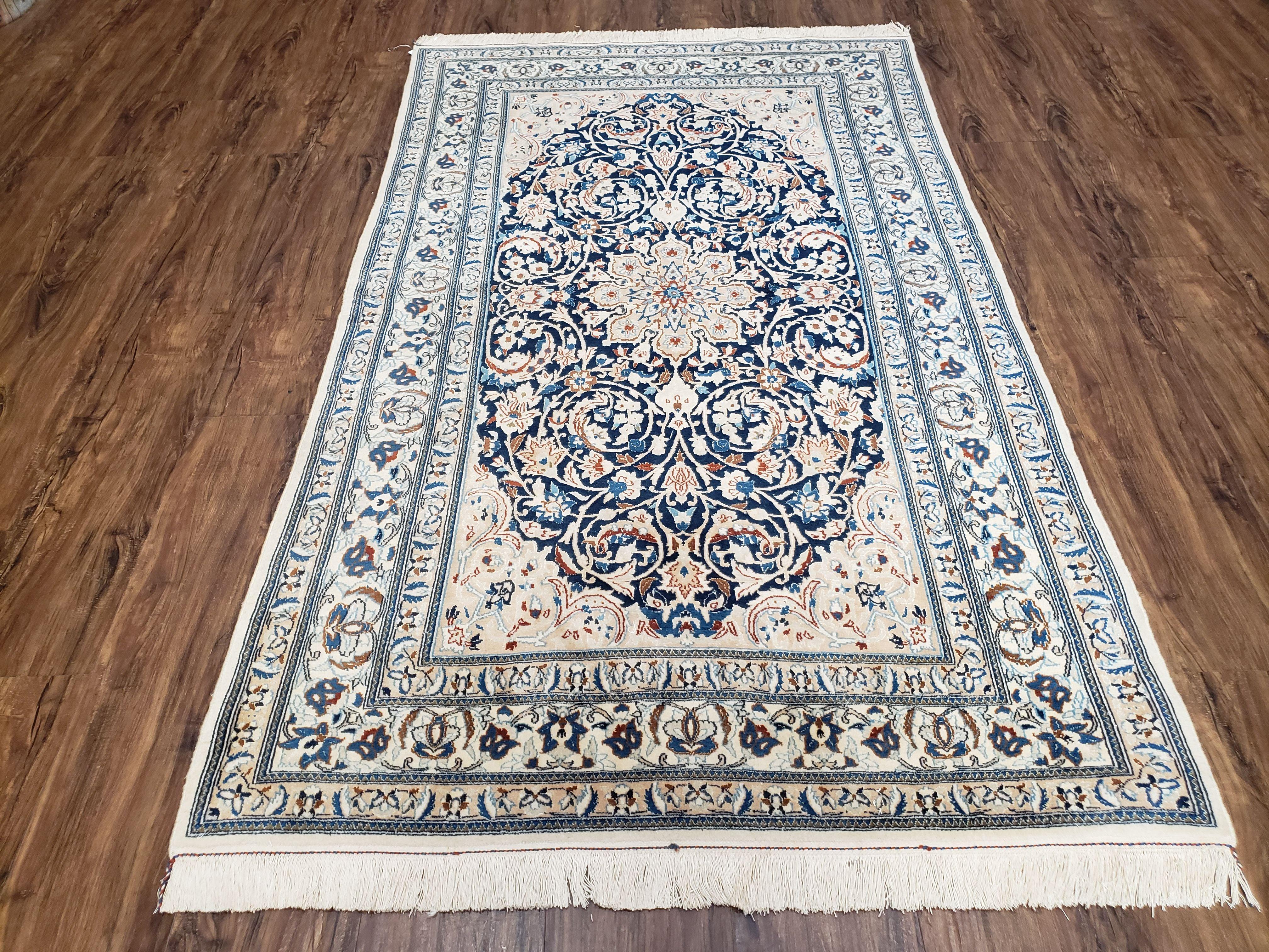 Semi Antique Fine Persian Nain Rug, Ivory & Blue, Wool with Silk Accents, 3'9" x 6'2"