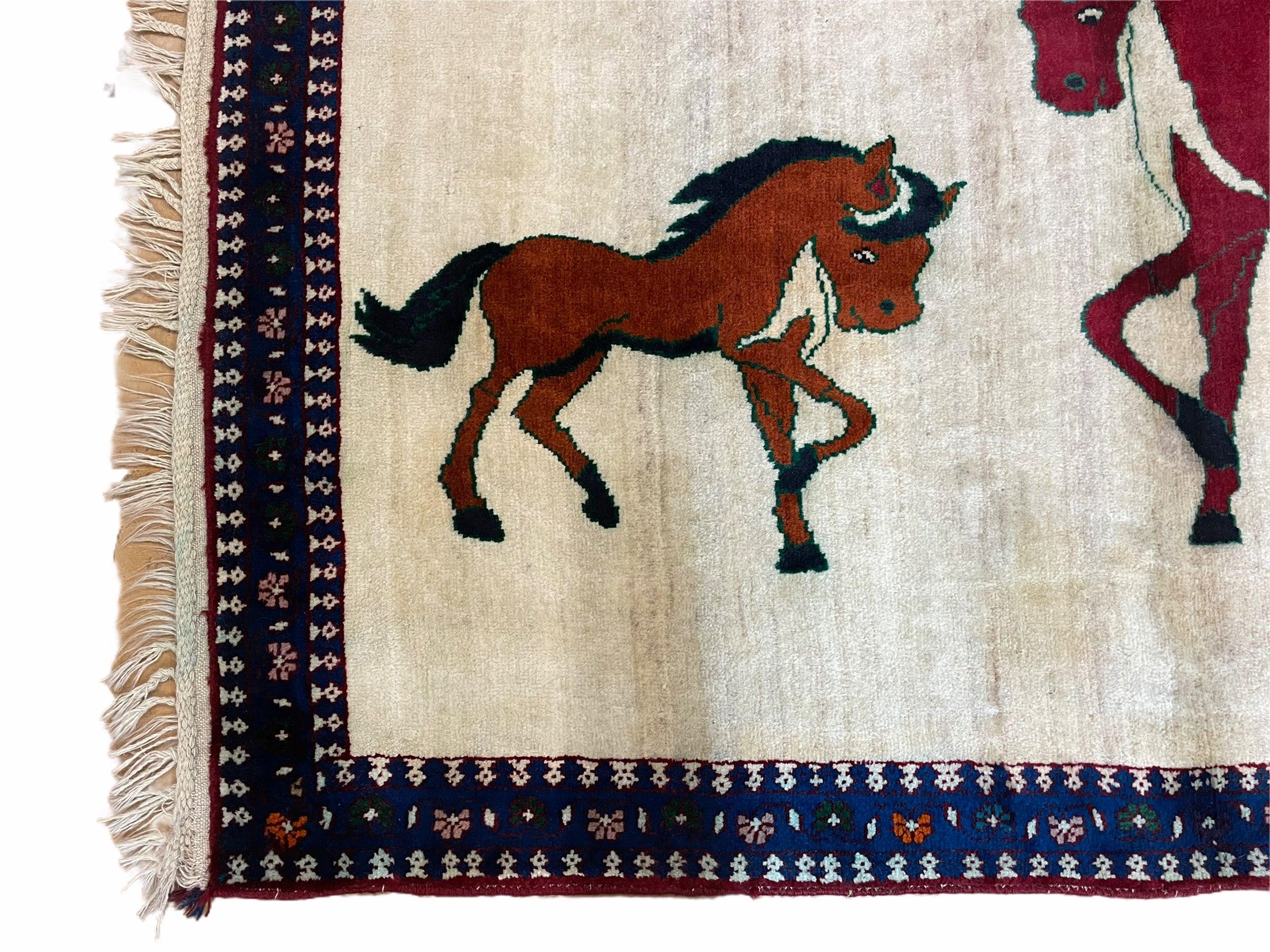 3.5 X 5 Handmade Hand-Knotted Quality Wool Pictorial Brown Horses Animal Rug