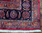 Palace Size Persian Mashad Rug 12x16, Raspberry and Navy Blue, Signature from Master Weaver, Antique Handmade Large Wool Carpet