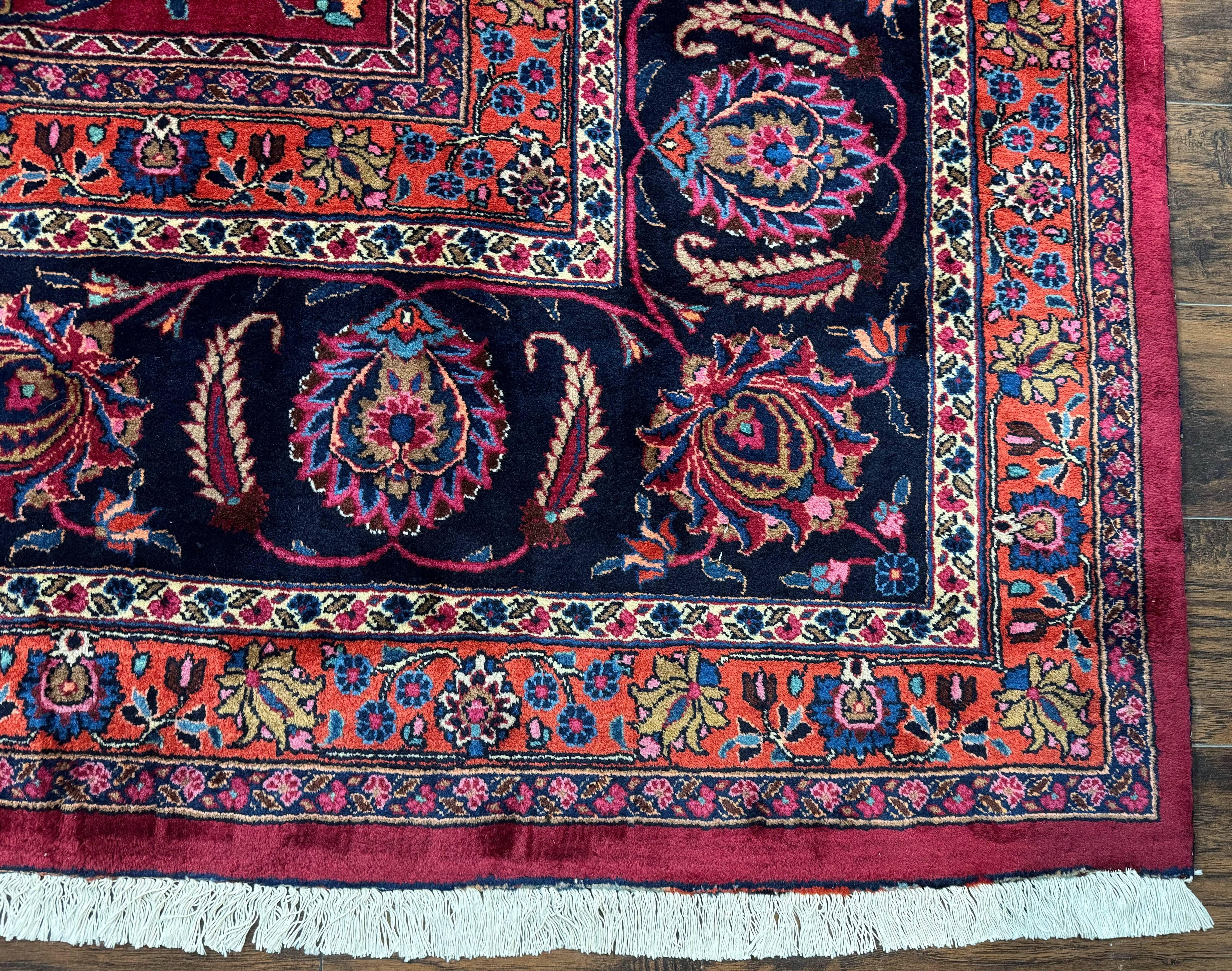 Palace Size Persian Mashad Rug 12x16, Raspberry and Navy Blue, Signature from Master Weaver, Antique Handmade Large Wool Carpet