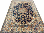 Persian Isfahan Rug 4x5, Navy Blue & Ivory, Wool and Silk Highlights
