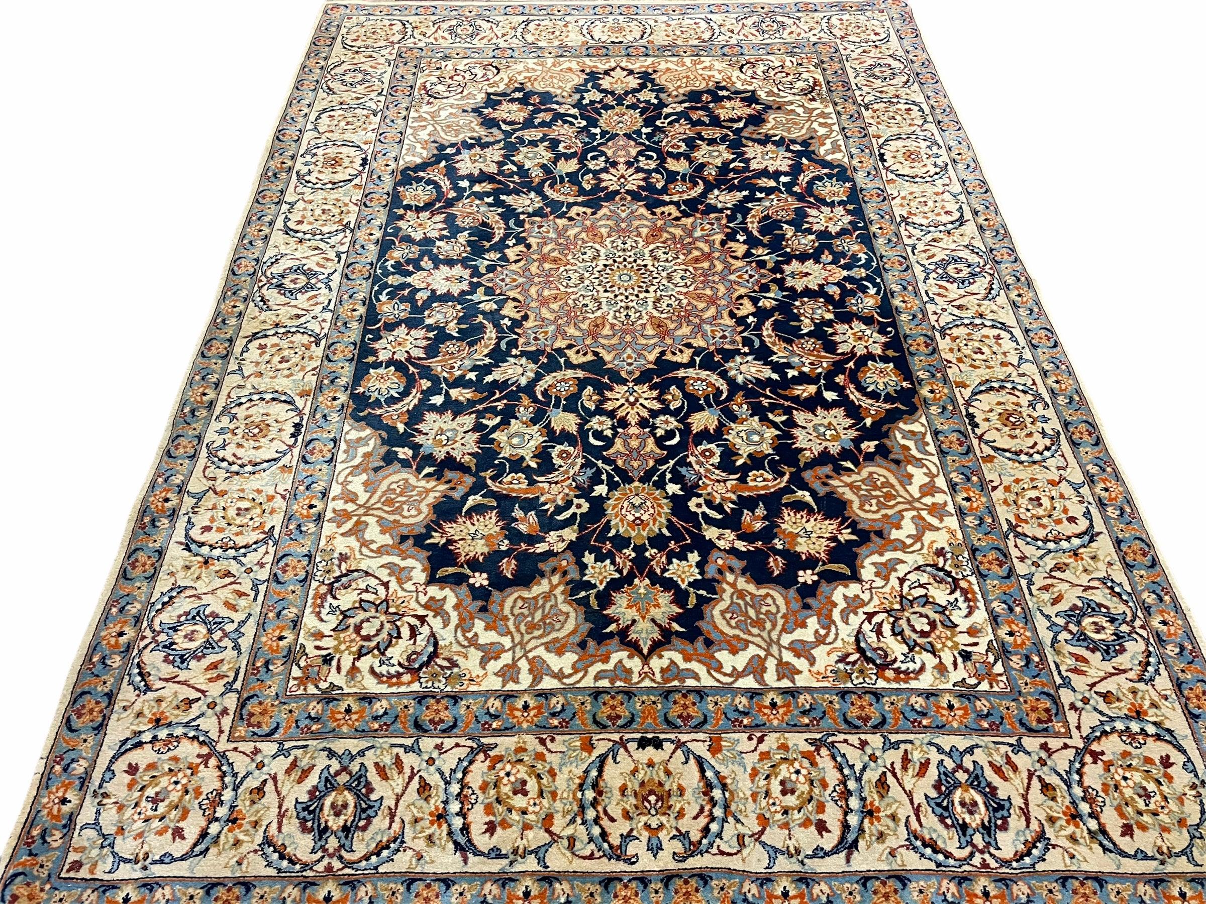 Persian Isfahan Rug 4x5, Navy Blue & Ivory, Wool and Silk Highlights