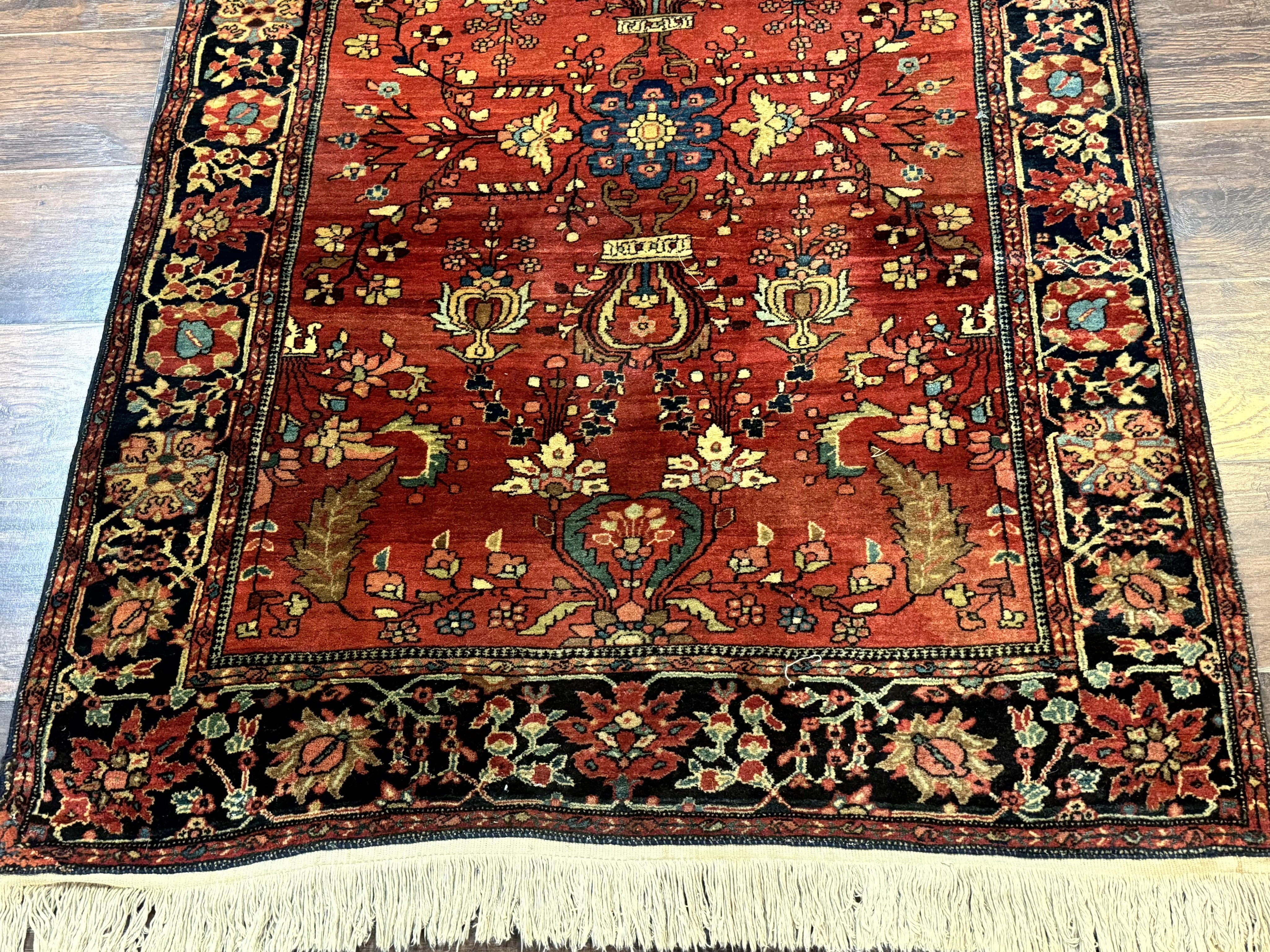 Antique Persian Farahan Sarouk Rug 3.6 x 5, Red, Floral, Traditional Rug, Fine 210 KPSI