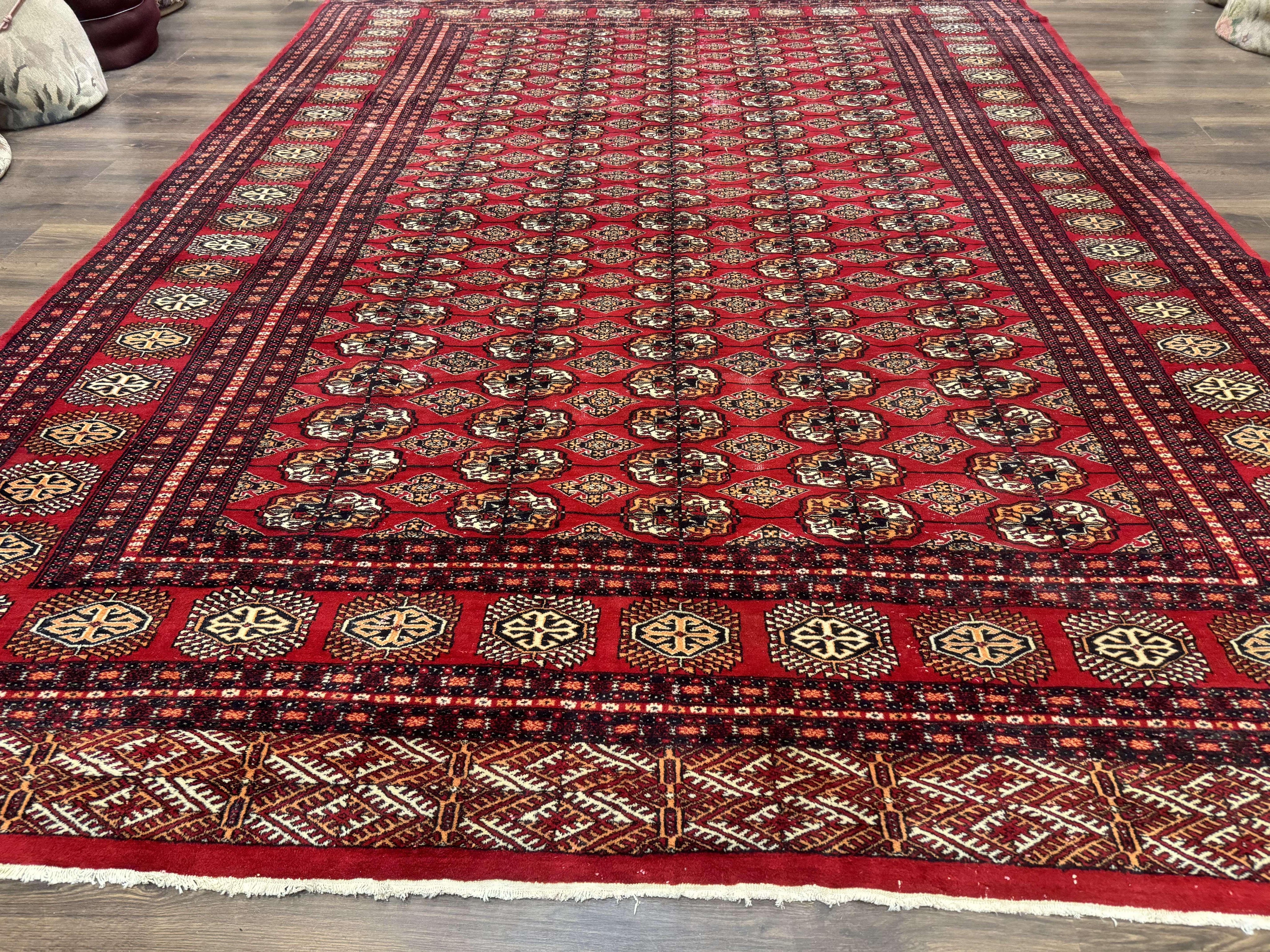 Bokhara Rug 9x12, Red Turkoman Rug, Pakistani Rug, Tribal Carpet, Wool Rug, Red Rug