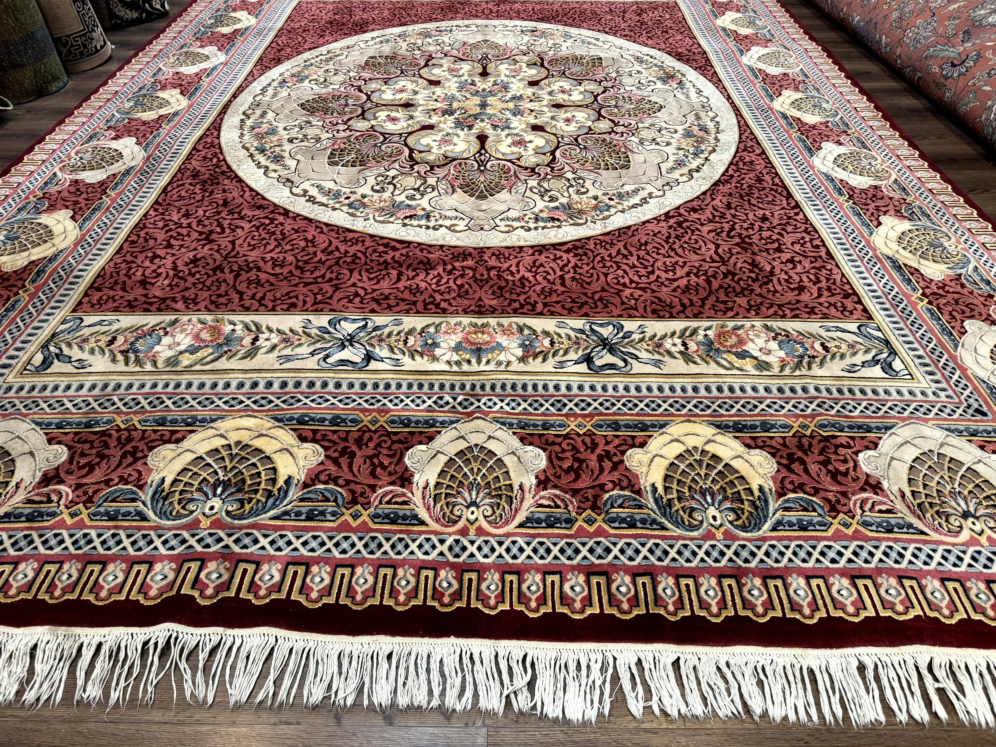 Wonderful Aubusson Rug 10x14, Red Maroon, Elegant, Fine 200 KPSI