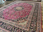 Persian Rug 10x13, Wool Hand Knotted Antique Kashmar Carpet, Raspberry Red & Navy Blue, Floral Medallion, Traditional Oriental Rug 10 x 13