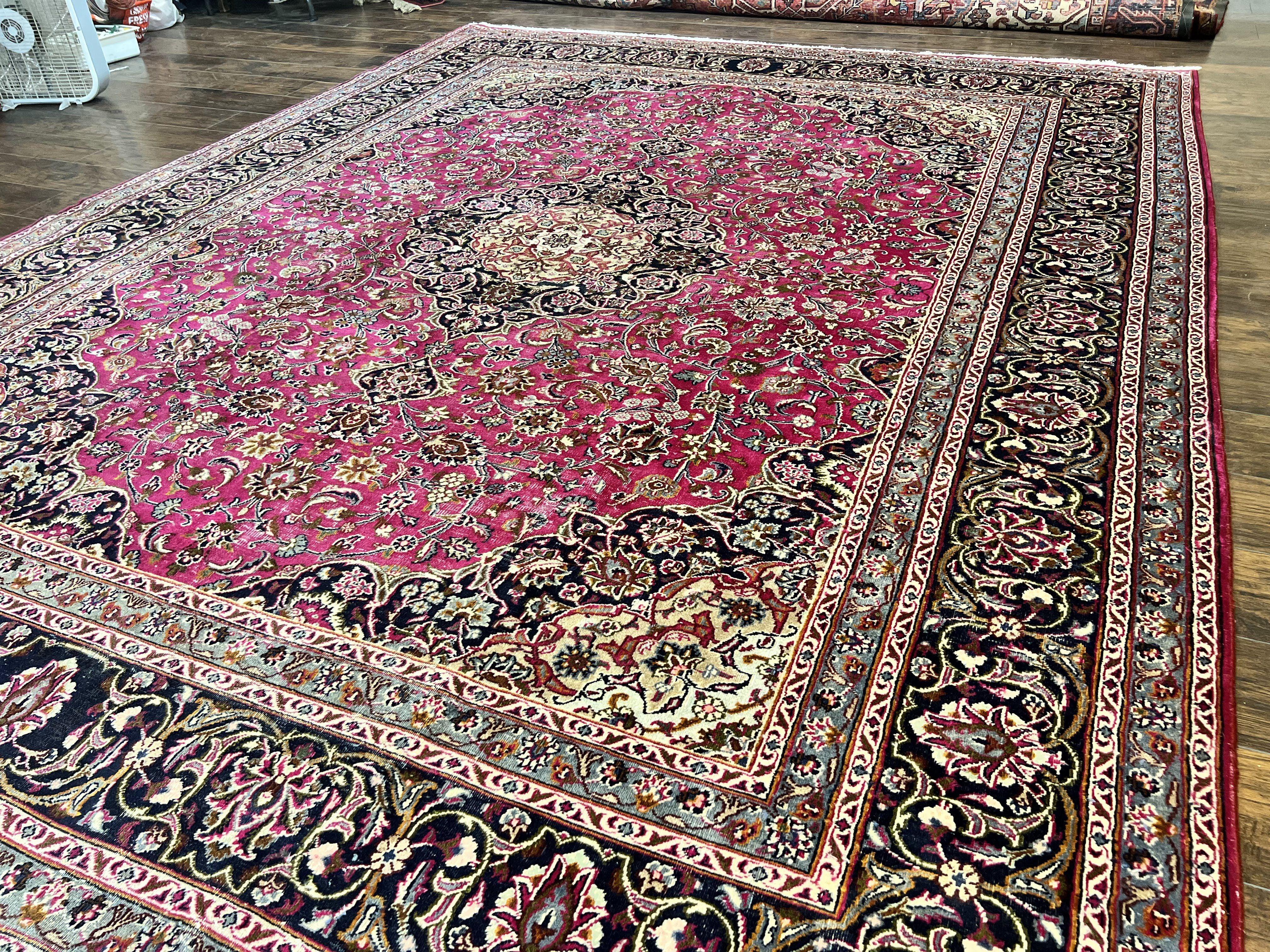 Persian Rug 10x13, Wool Hand Knotted Antique Kashmar Carpet, Raspberry Red & Navy Blue, Floral Medallion, Traditional Oriental Rug 10 x 13