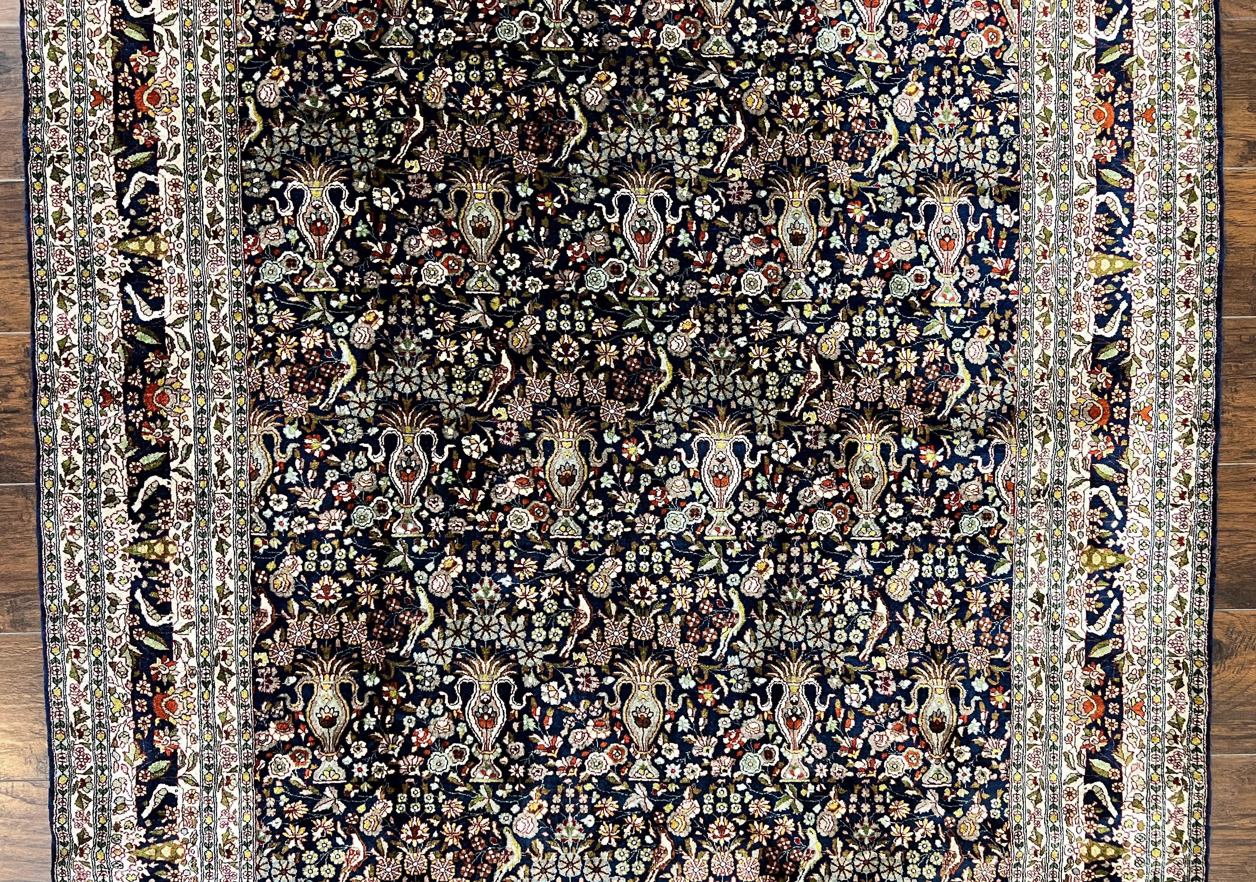 Silk Indian Kashmiri Rug 5x7, Navy Blue Indo Persian Silk Carpet 5 x 7 ft, Hand Knotted Handmade Very Fine Oriental Carpet, 450 KPSI, Birds