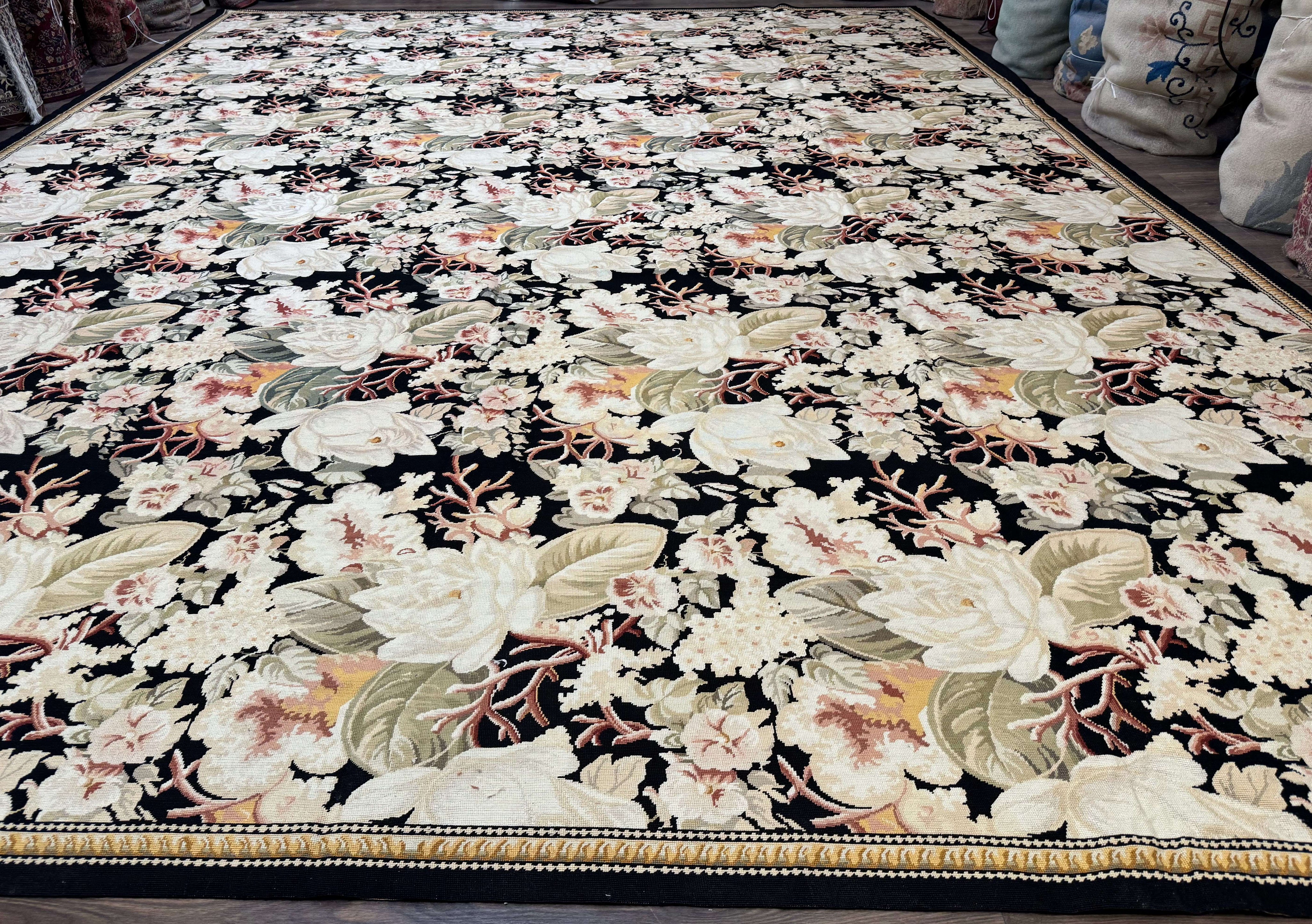 Palace Size Needlepoint Rug 13x17, Extra Large Wool Floral Handmade Carpet, European Design, Botanical