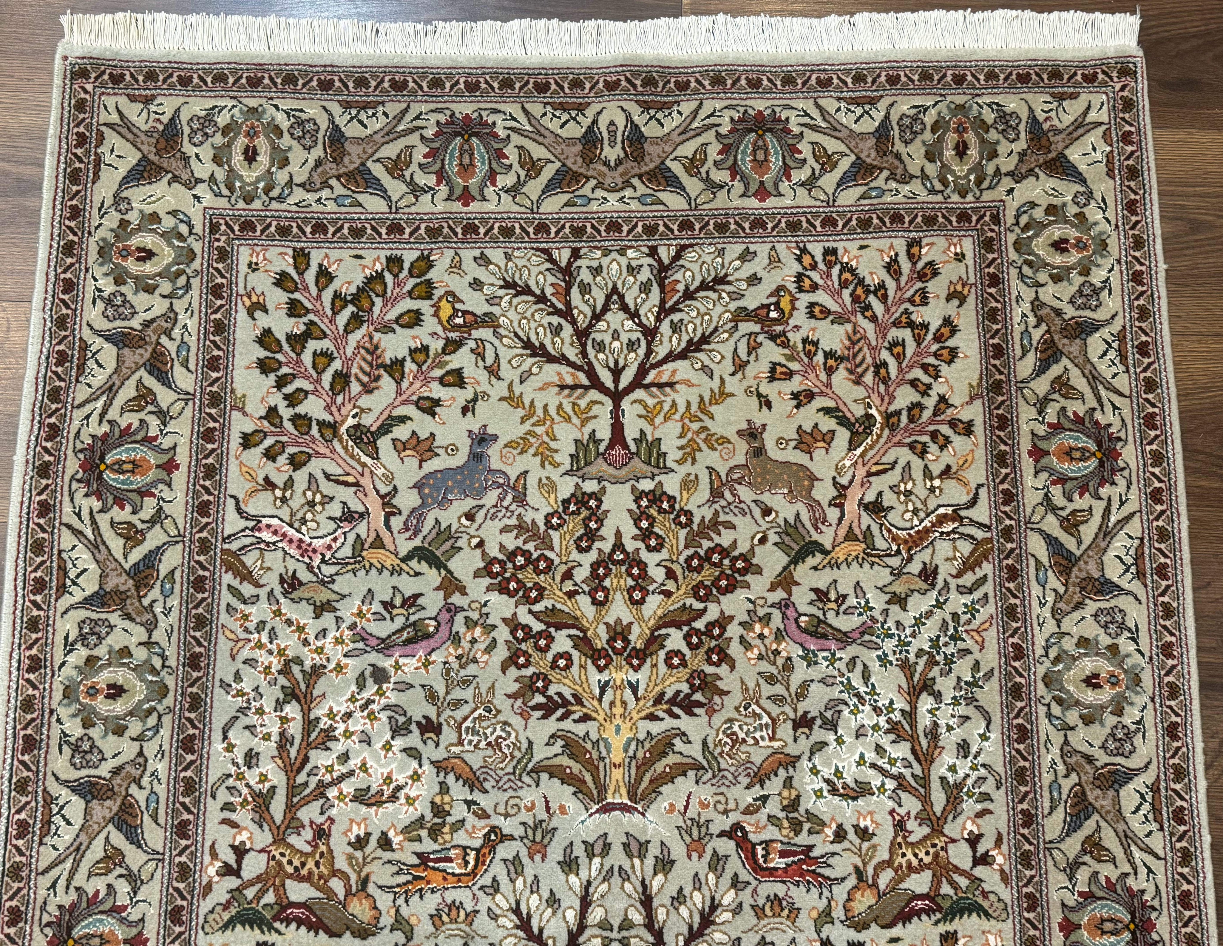 Wonderful Persian Tabriz Rug 3x5, Tree of Life, Animal Pictorials, Birds, Wool & Silk Highlights, Fine 330 KPSI