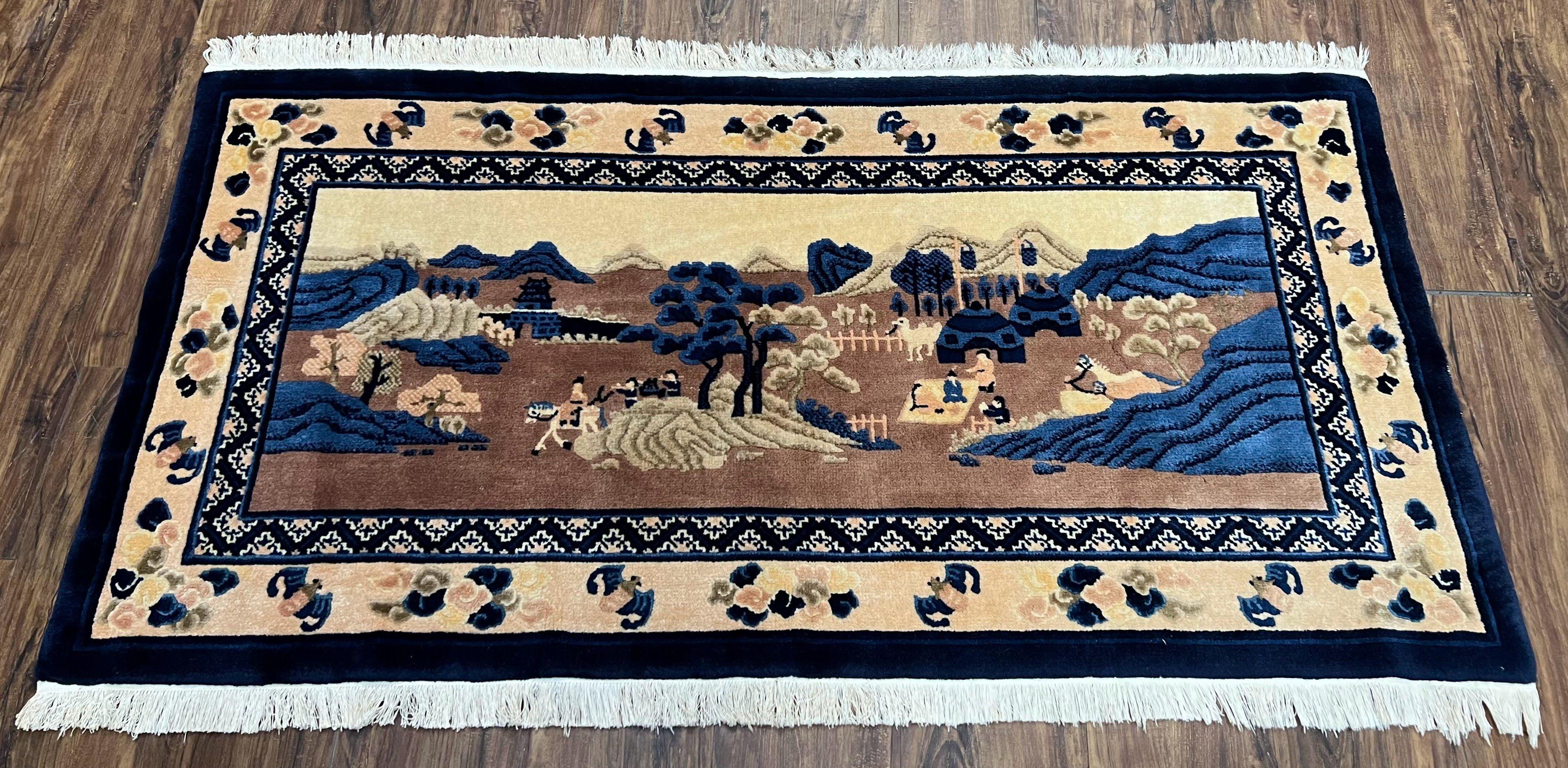 Antique Chinese Pictorial Rug 2.7 x 5, Chinese Village and Hills Carpet, Beige and Dark Blue, Handmade, Horizontal Rug Wall Hanging Tapestry