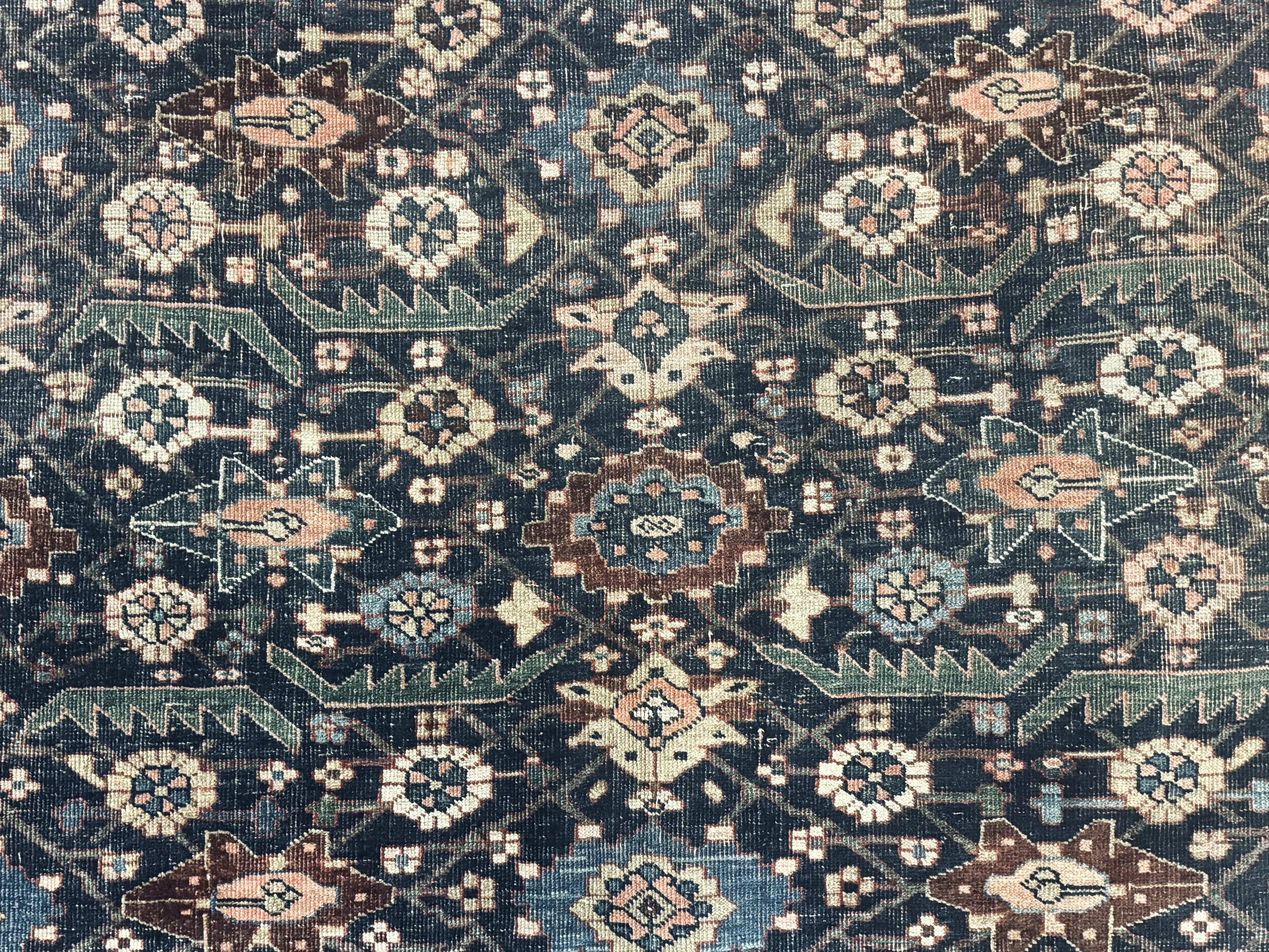 Antique Persian Bidjar Rug 8x15 – Navy Blue, Herati Pattern, Early 20th Century