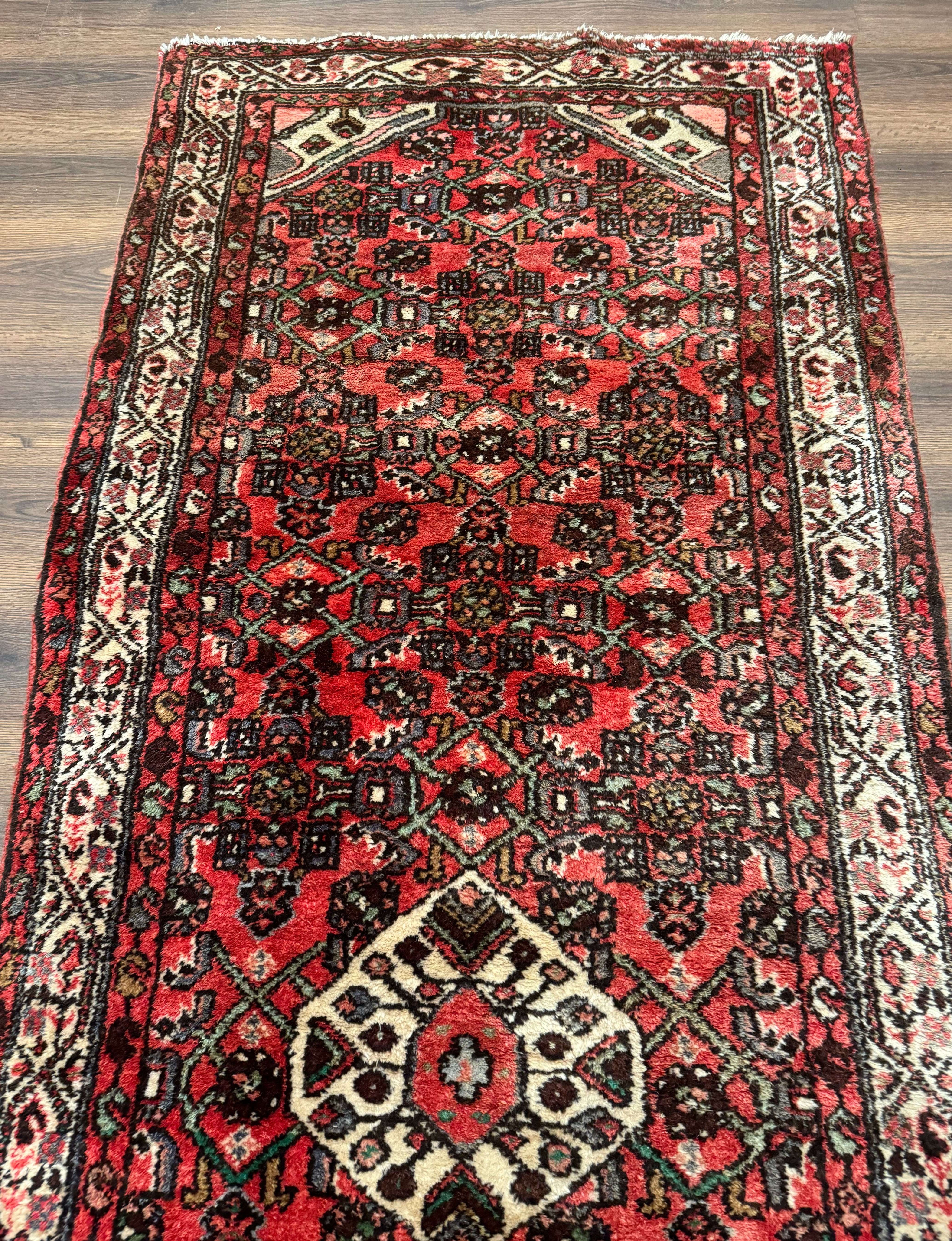 Persian Runner Rug 3x10, Wool Hand Knotted Hallway Rug 3 x 10 ft, Red and Ivory, Hamadan Angelas Runner