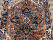 Heriz Rug 5.6 x 8, Geometric Medallion, Wool Oriental Carpet, Tribal Boho Rug, Red Navy Blue Cream, Belgium Power Loomed Rug, Medium Sized