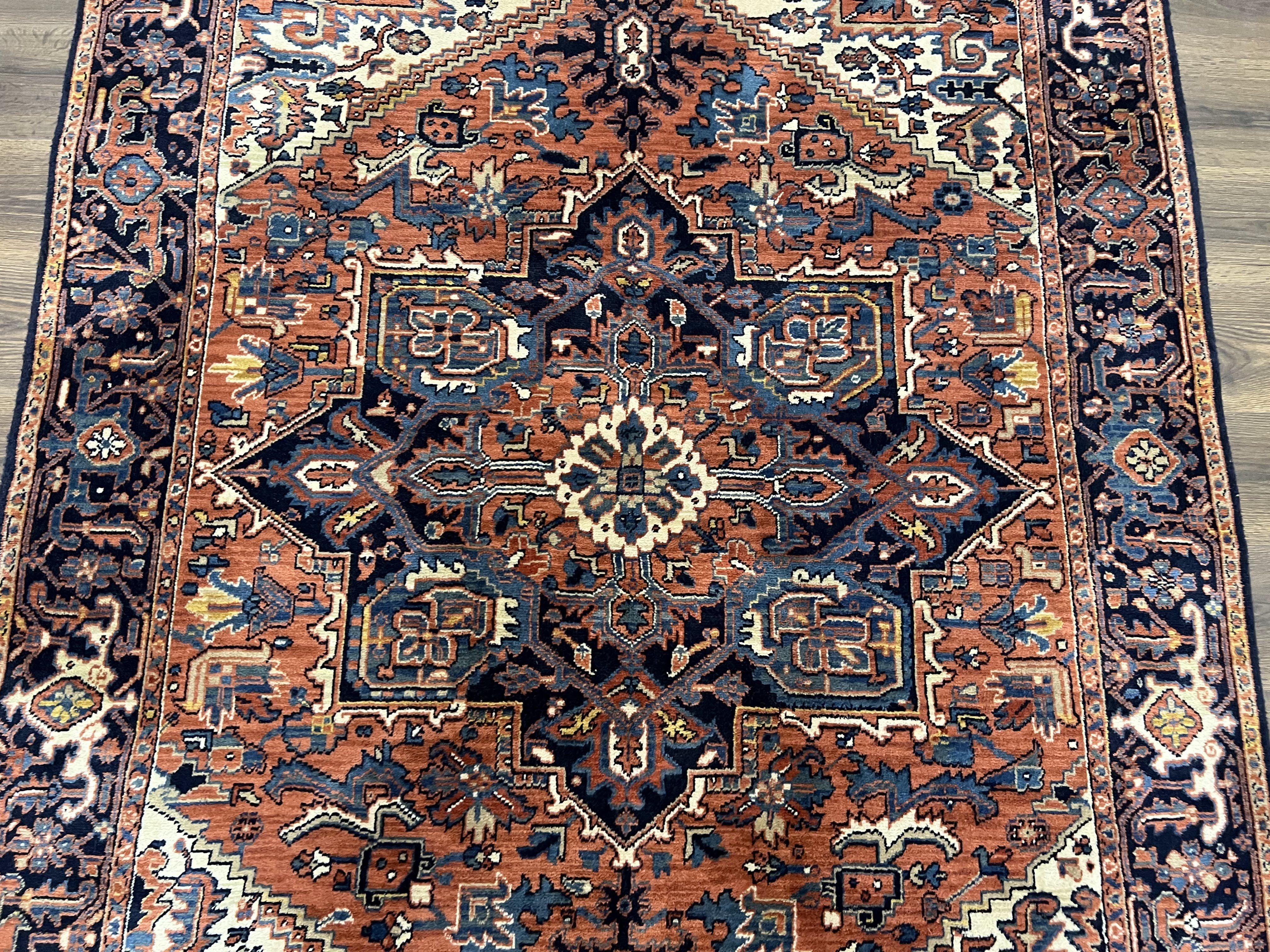 Heriz Rug 5.6 x 8, Geometric Medallion, Wool Oriental Carpet, Tribal Boho Rug, Red Navy Blue Cream, Belgium Power Loomed Rug, Medium Sized