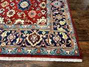 Indo Heriz Rug 8x10, Red and Navy Blue, Allover Pattern, Wool Handmade Carpet