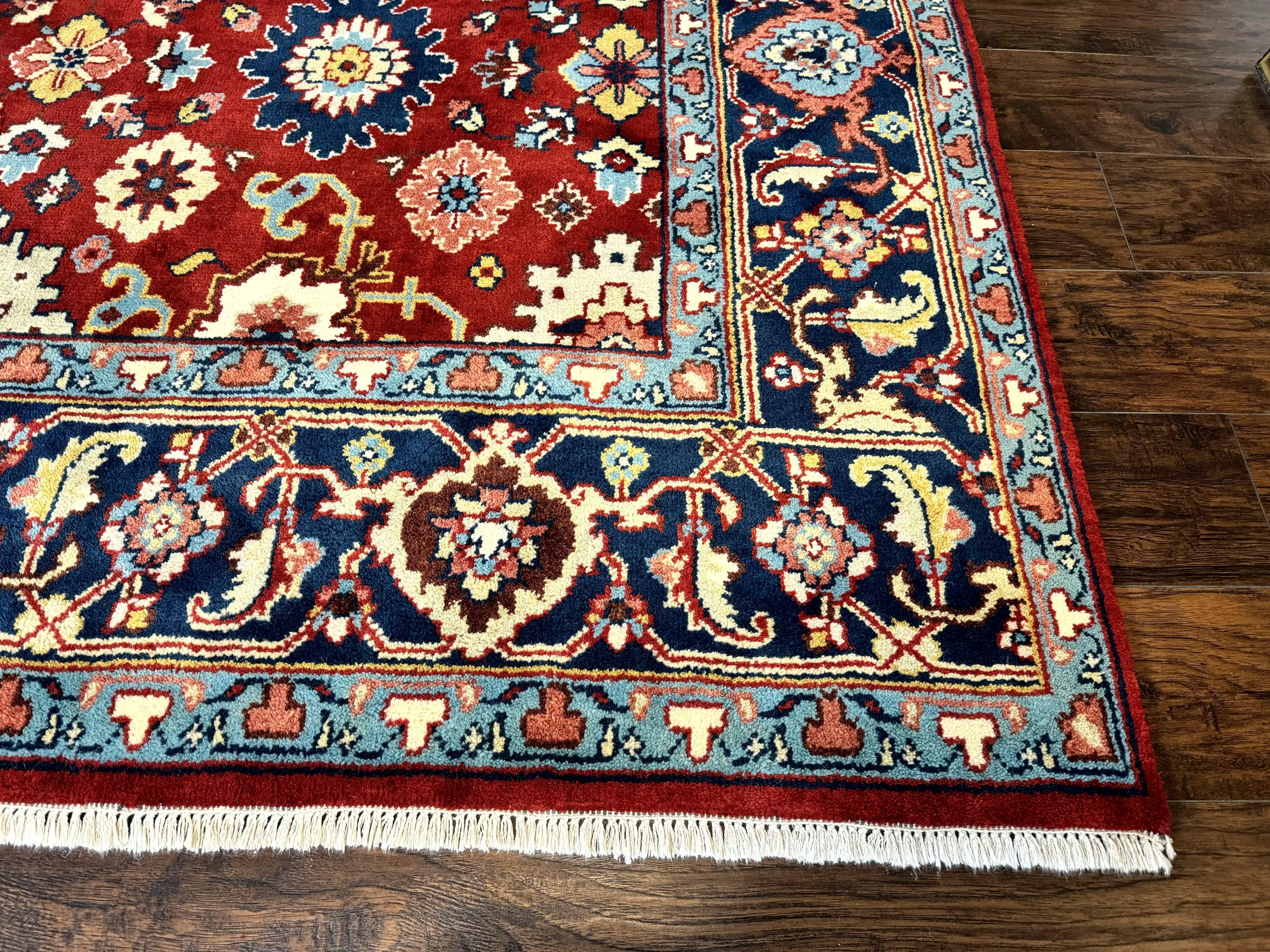 Indo Heriz Rug 8x10, Red and Navy Blue, Allover Pattern, Wool Handmade Carpet