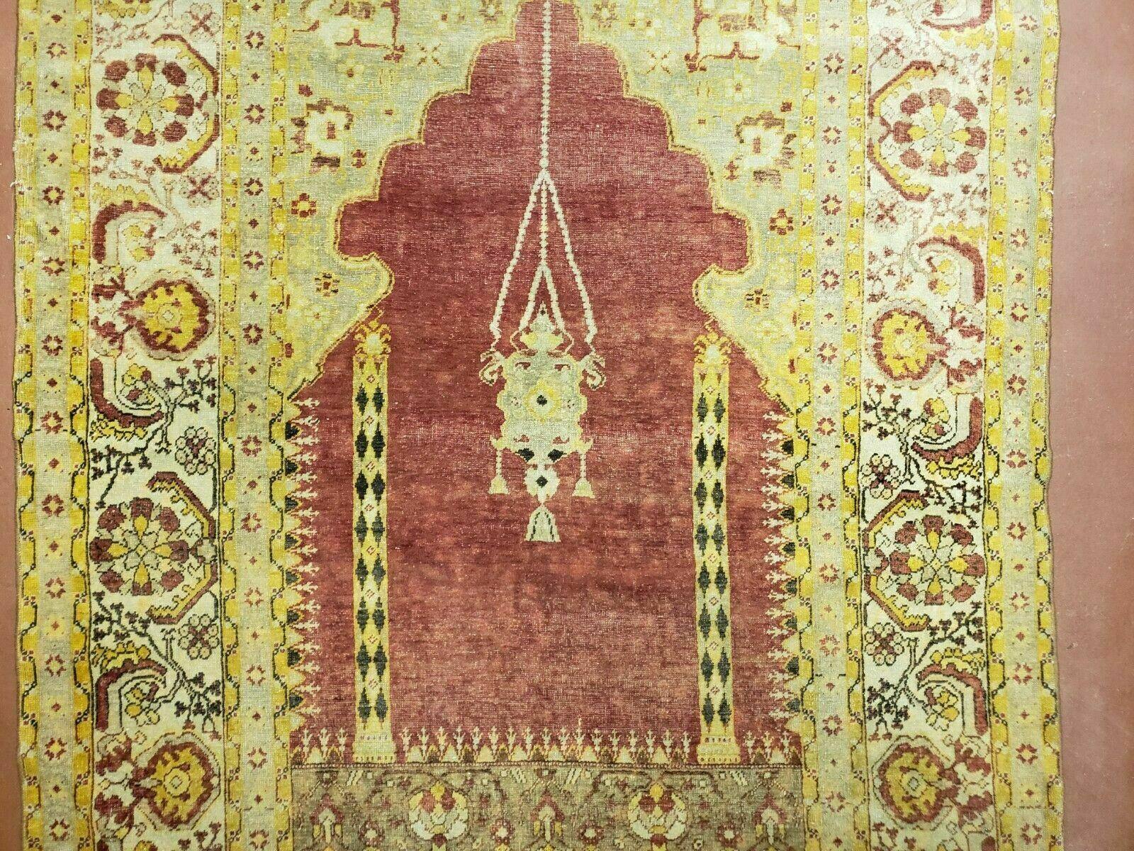 4' 5" X 7' Antique HandmadeTurkish Prayer Melas Oushak Wool Rug Mehrab Nice