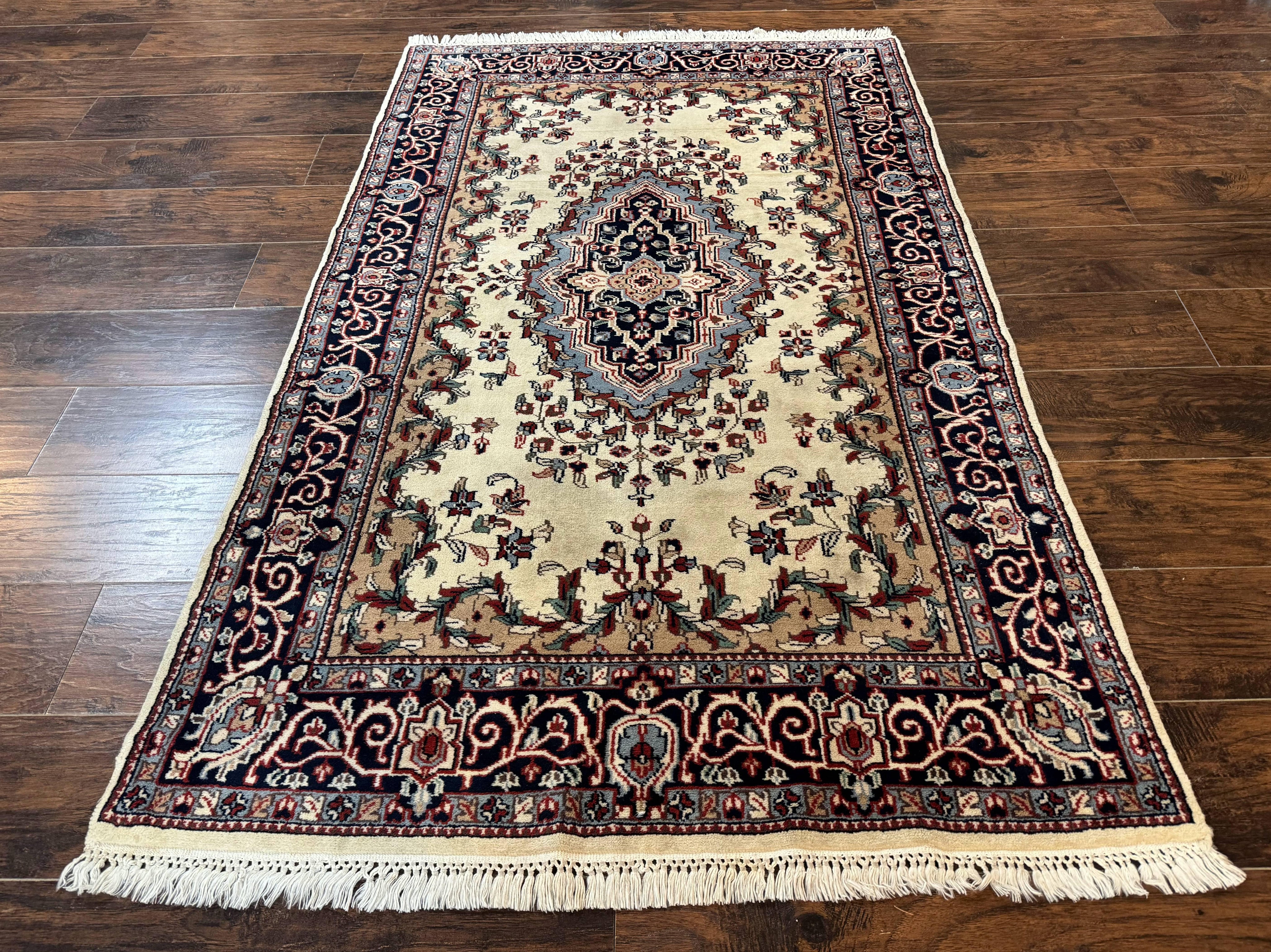 Indian Kashmiri Rug 4x6, Ivory Beige Navy Blue, Traditional Indo Persian Rug