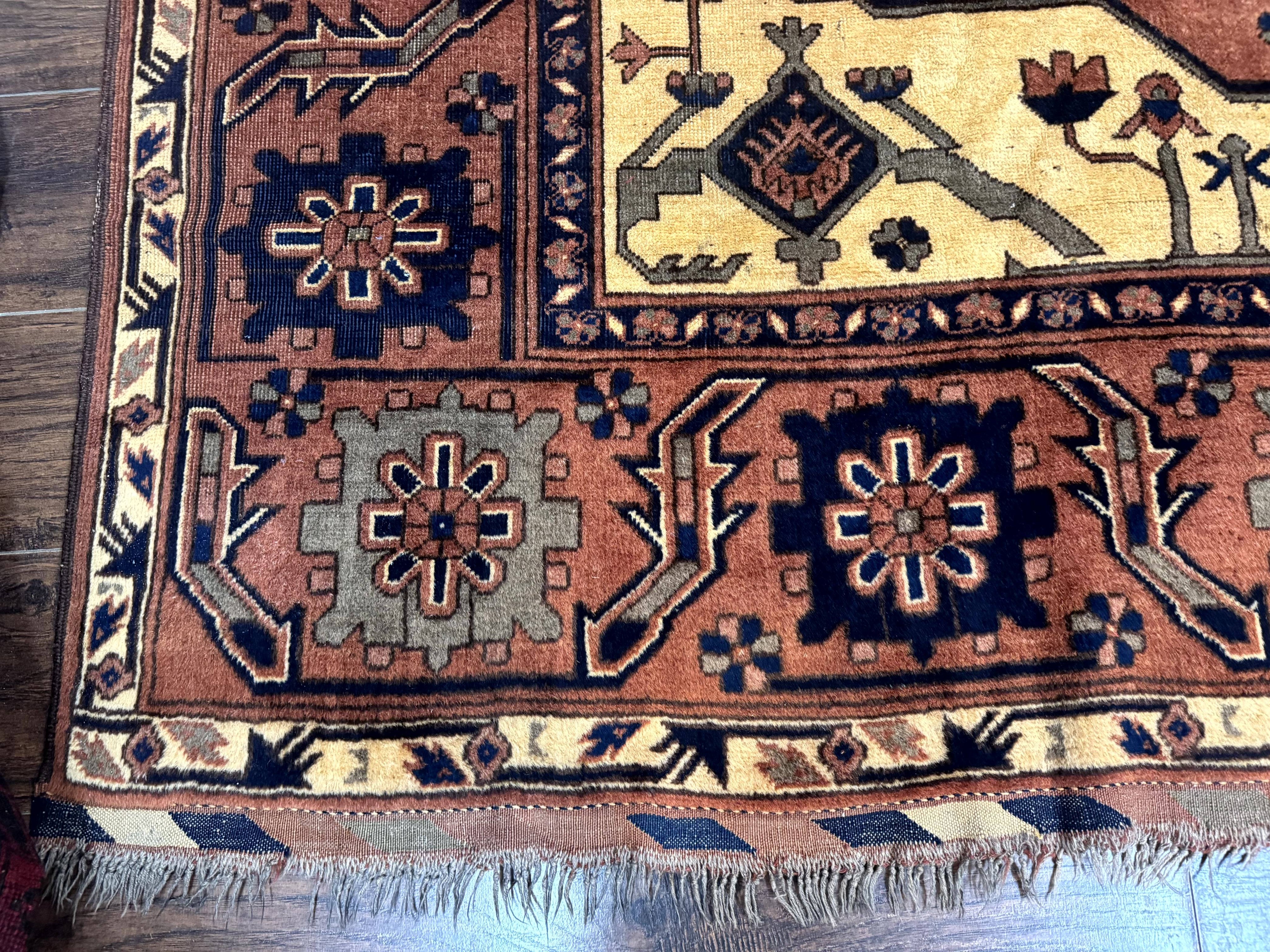 Afghan Heriz Rug 9x12, Tribal Geometric Serapi Carpet, Rust Cream and Navy, Wool on Wool