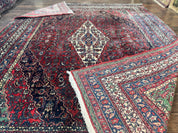 Antique Persian Hamadan Tribal Rug 8x10, Red and Ivory, Medallion Rug, Wool Handmade Carpet