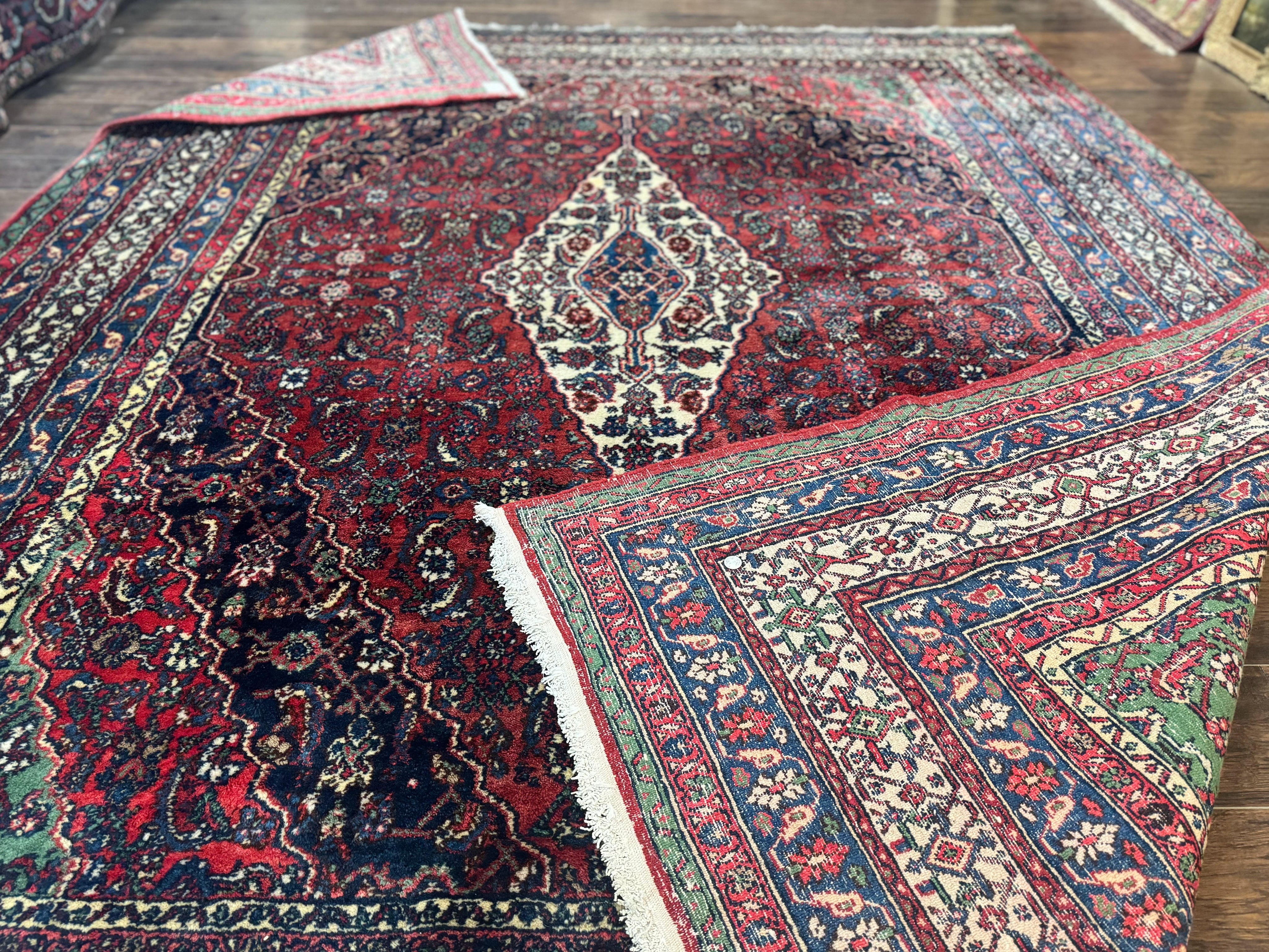 Antique Persian Hamadan Tribal Rug 8x10, Red and Ivory, Medallion Rug, Wool Handmade Carpet