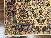 Antique Persian Kirman Rug 4x7, Cream and Navy Blue, Hand Knotted Wool Floral Carpet