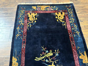 Antique Chinese Peking Rug 3x6, Dark Blue, Bird Motif, Handmade Wool Art Deco Asian Oriental Carpet, Pair B
