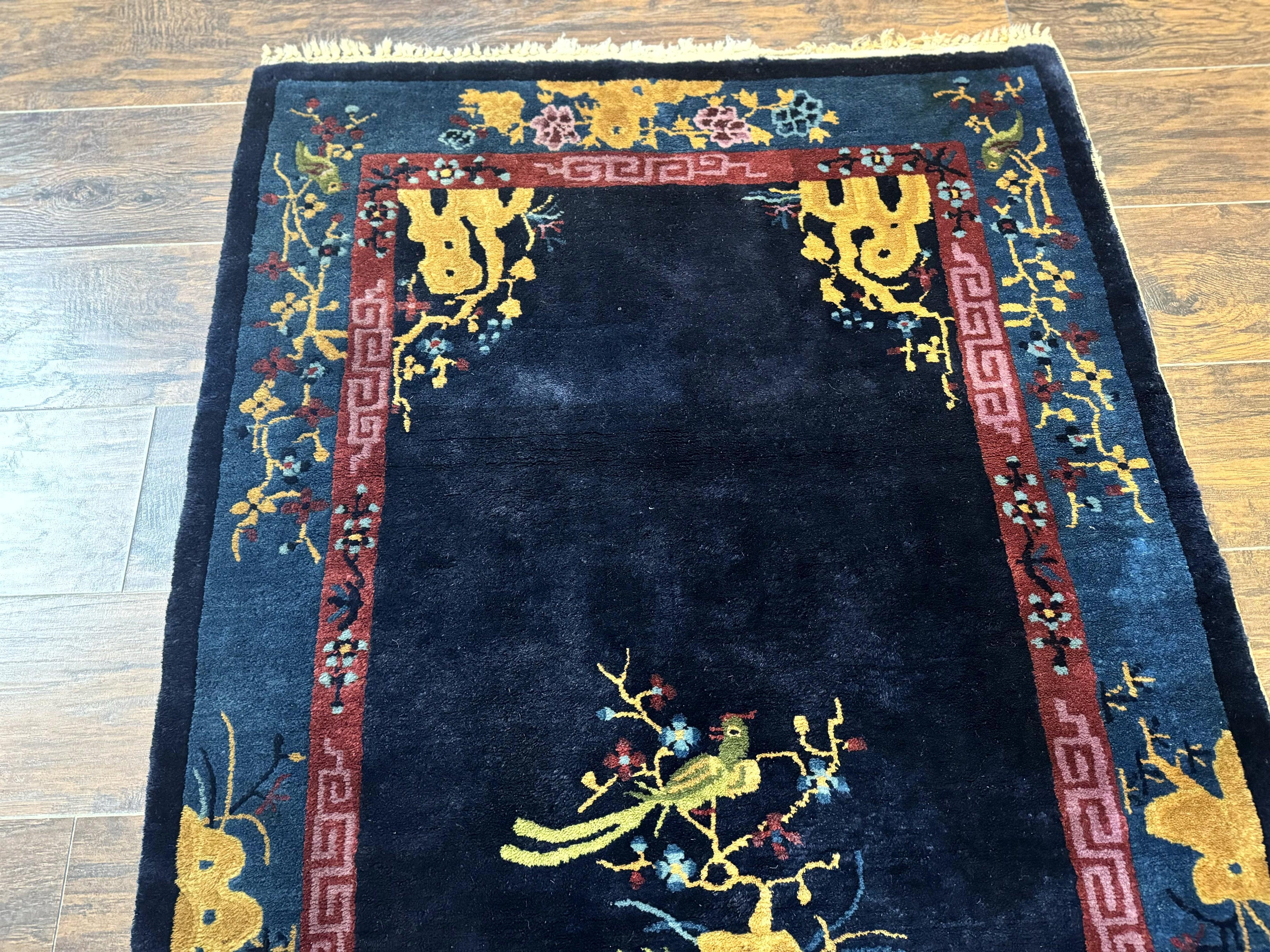 Antique Chinese Peking Rug 3x6, Dark Blue, Bird Motif, Handmade Wool Art Deco Asian Oriental Carpet, Pair B