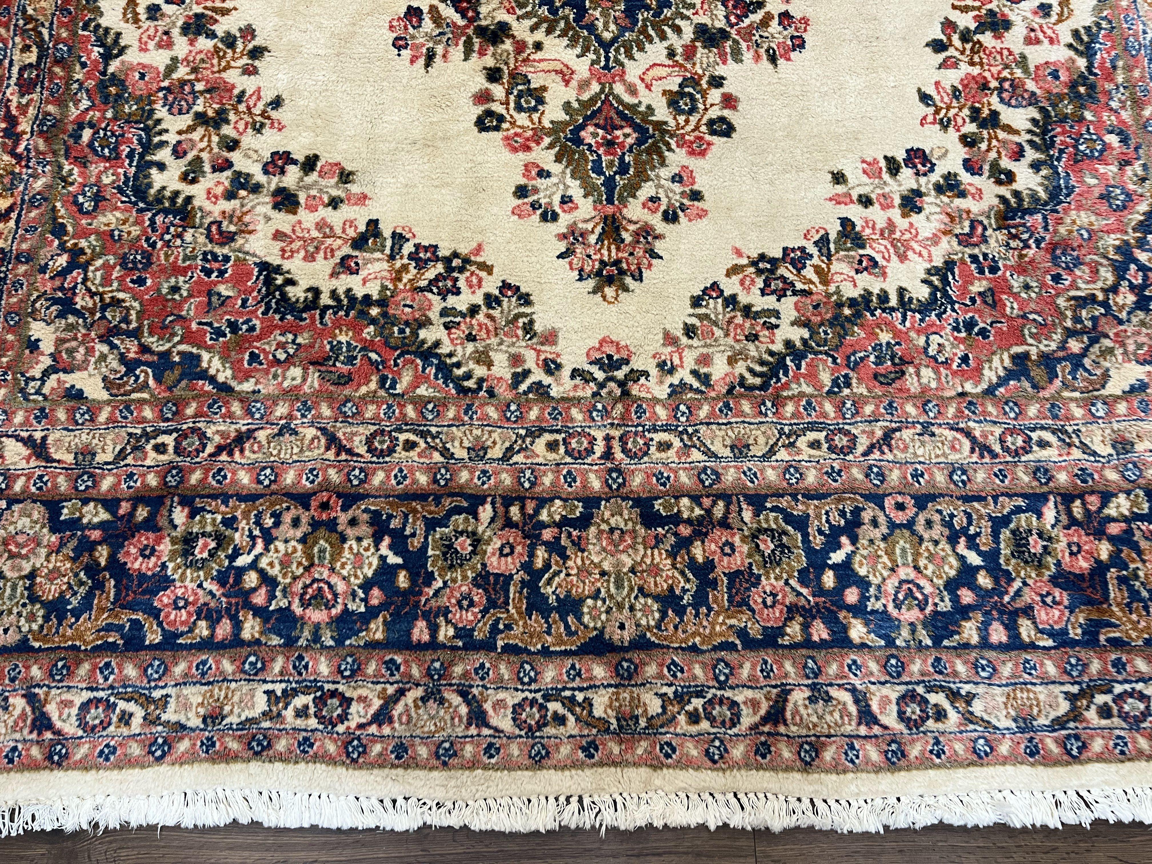 Persian Rug 9x10, Hamadan Rug, Antique Oriental Carpet, Wool Rug, Semi Open Field, Cream and Navy Blue, Kirman Design Hand Knotted Almost Square Rug