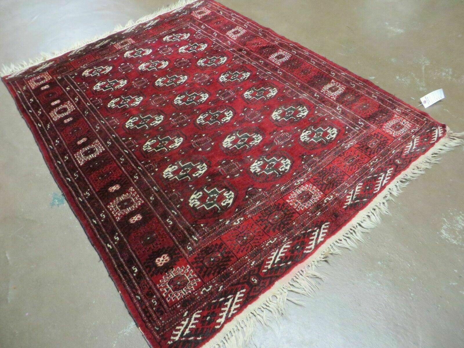 4' 5" X 5' 7" Semi Antique Handmade Afghan Yamud Turkoman Bokhara Wool Rug