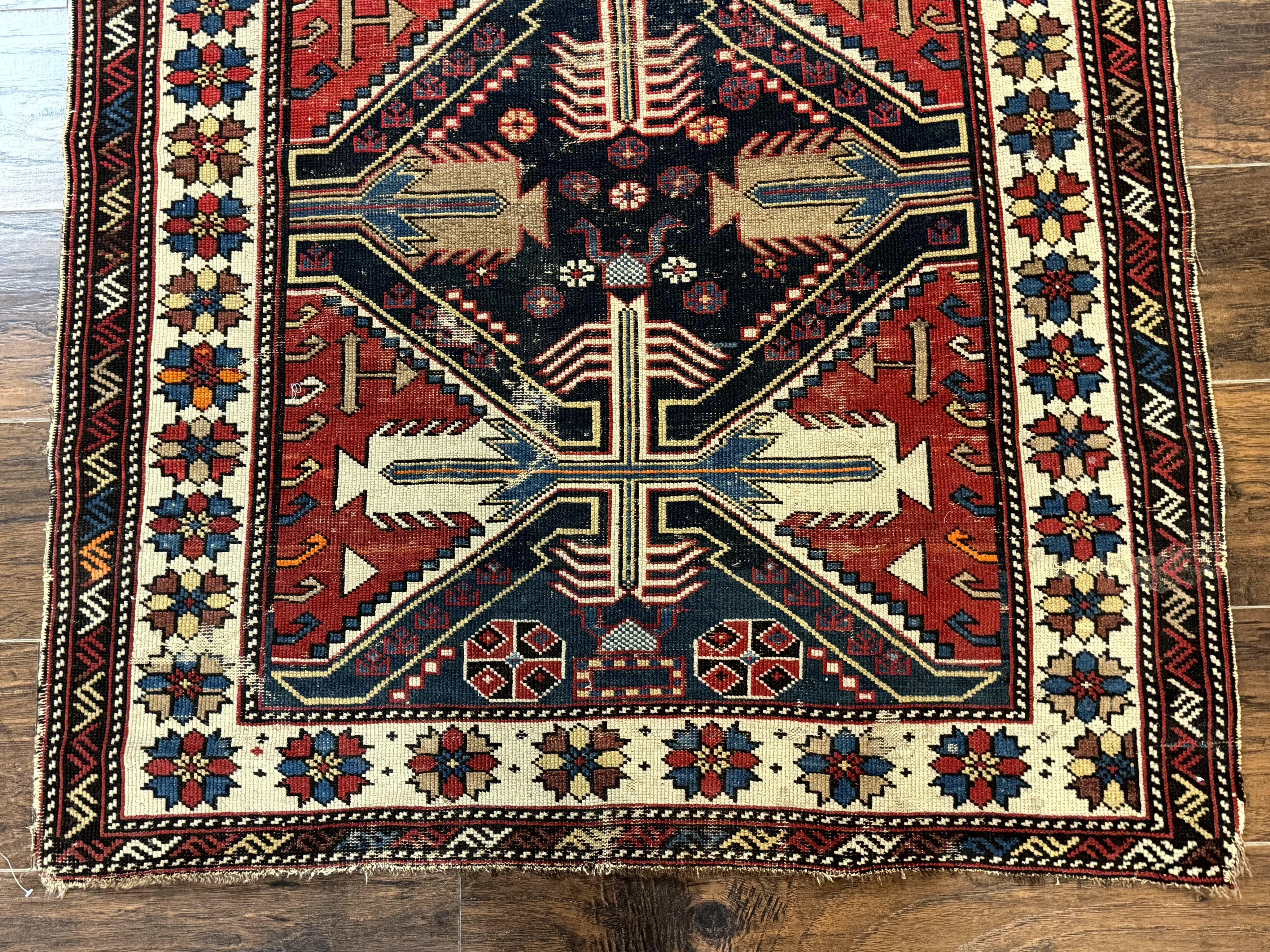 Antique Shirvan Caucasian Rug 3x5, Geometric Pattern, Red Navy Blue Beige