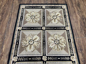 Needlepoint Runner Rug 3x8 Panel Design Rug, Flatweave Runner Rug, English Design, Floral, Short Runner Rug, Black and Beige Wool Hand-Woven