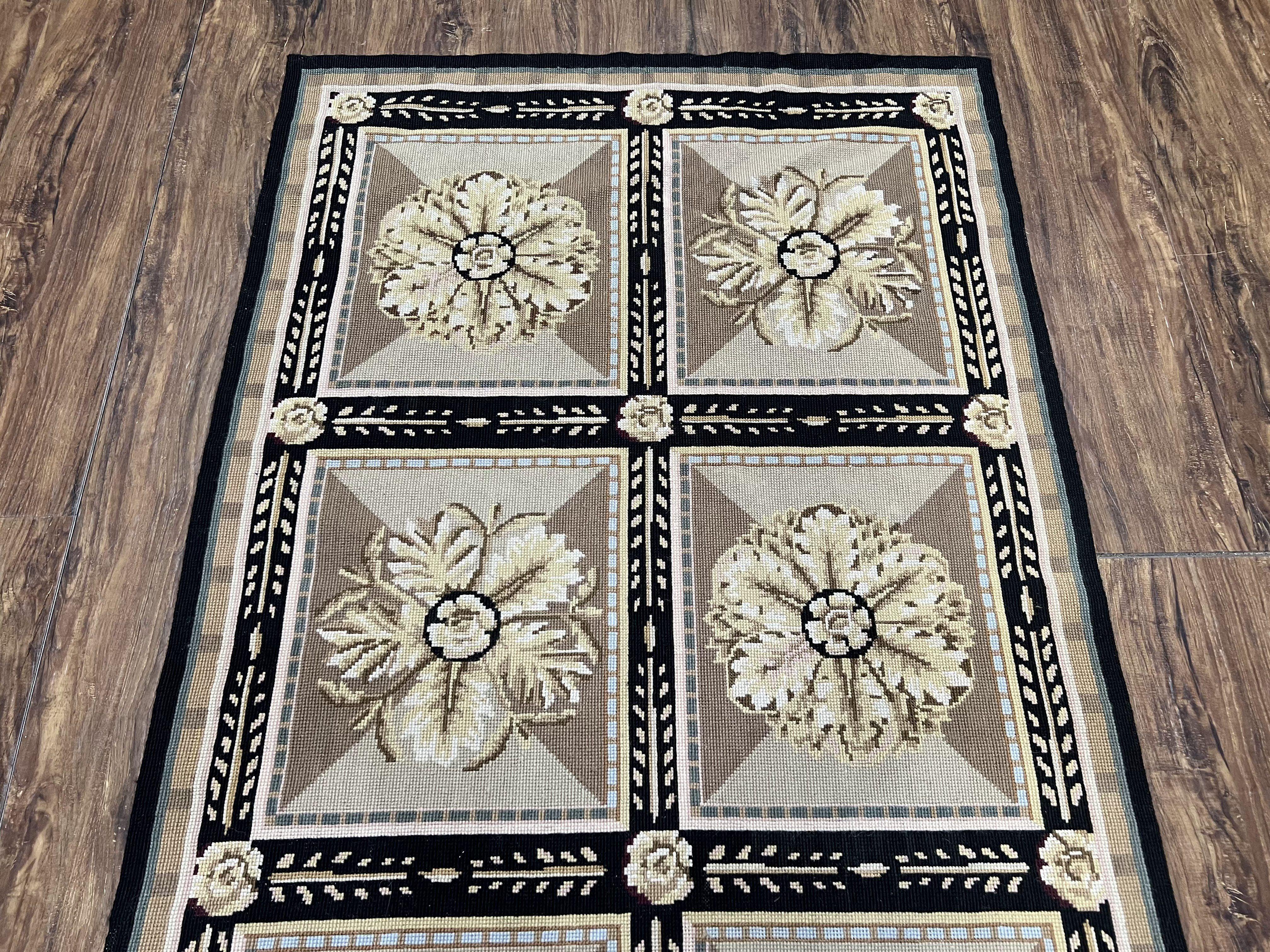 Needlepoint Runner Rug 3x8 Panel Design Rug, Flatweave Runner Rug, English Design, Floral, Short Runner Rug, Black and Beige Wool Hand-Woven